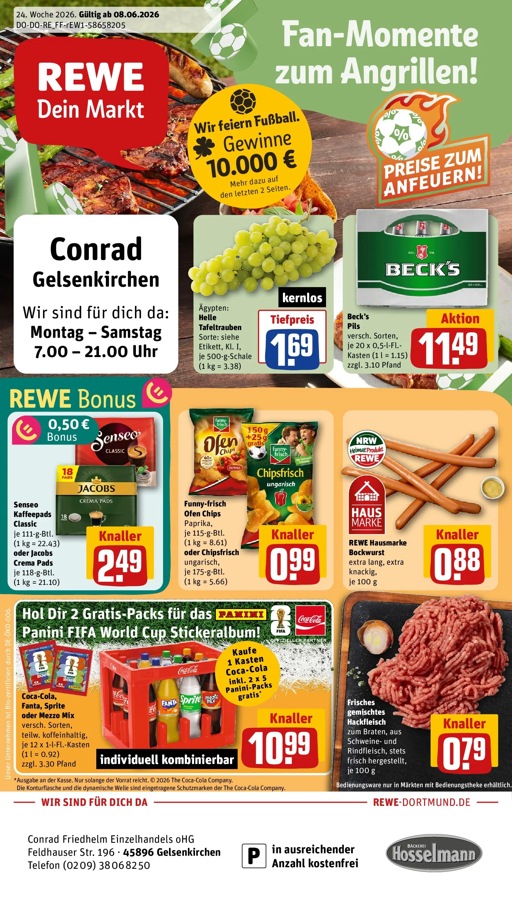 REWE Prospekt ab 08.06.2026 zum Blättern » Angebote | Seite: 1 | Produkte: Bockwurst, Pils, Oder mezzo mix, Chips