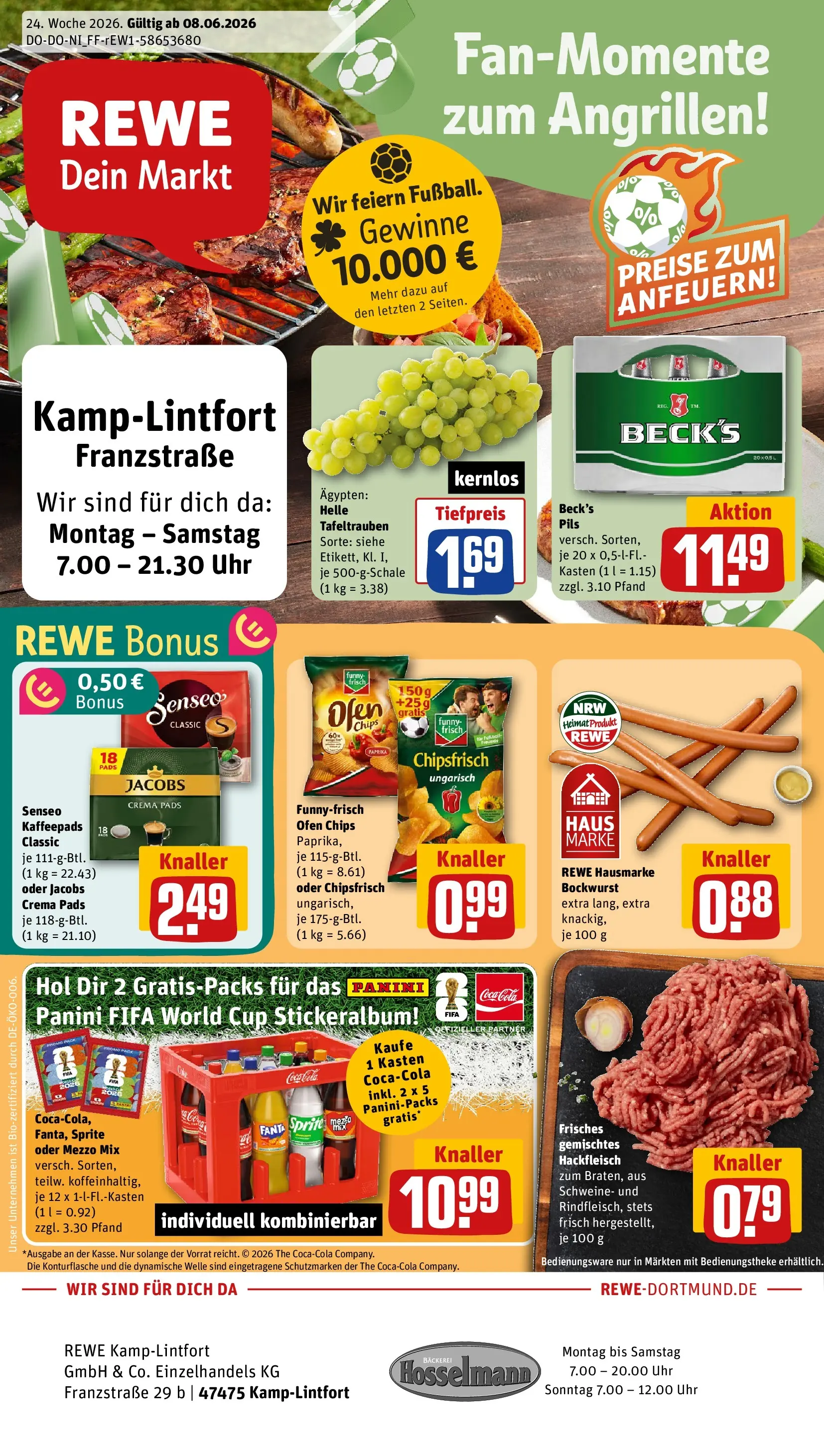 REWE Prospekt ab 08.06.2026 zum Blättern » Angebote | Seite: 1 | Produkte: Bockwurst, Kaffeepads, Paprika, Senseo kaffeepads