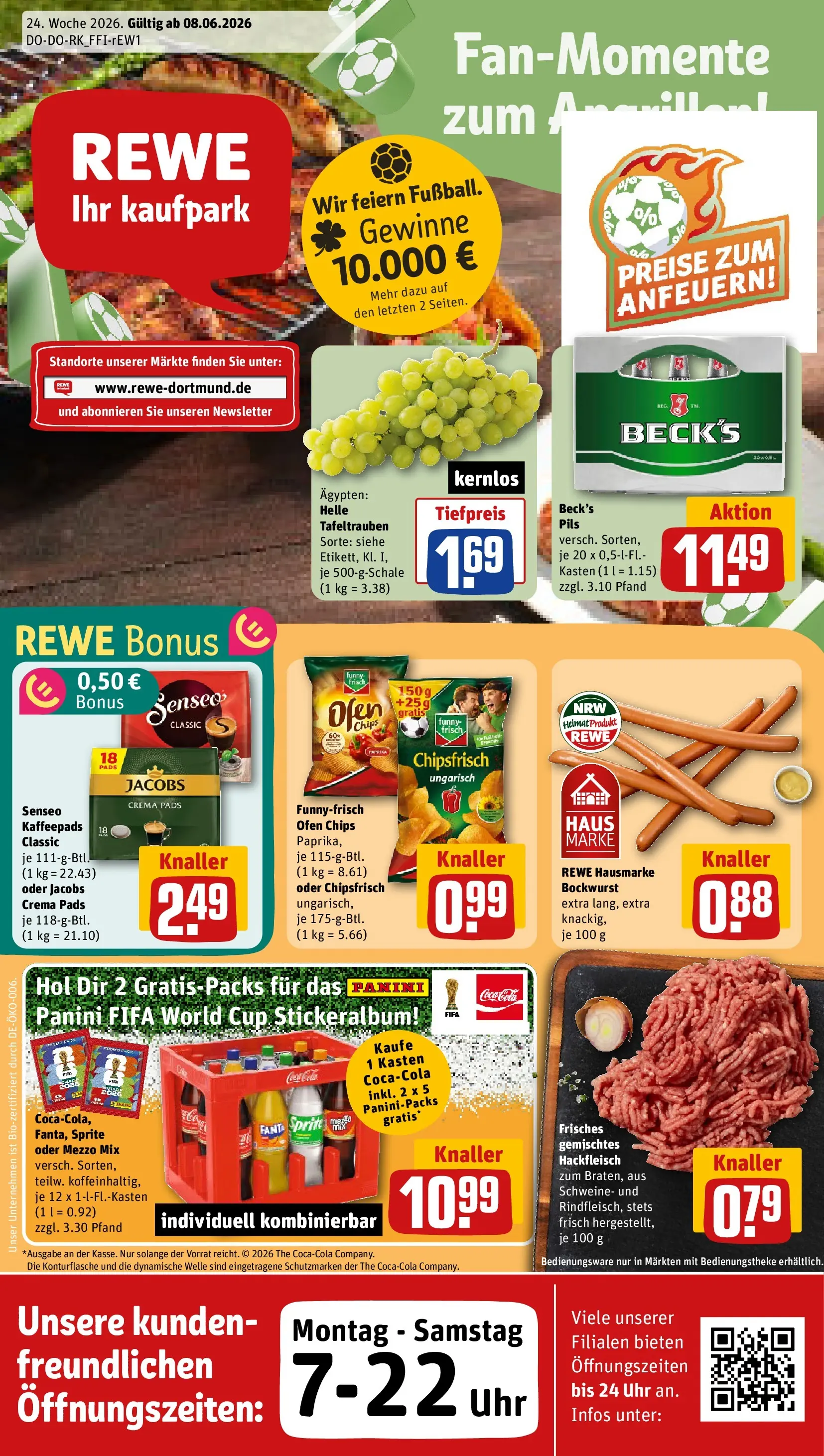 REWE Prospekt ab 08.06.2026 zum Blättern » Angebote | Seite: 1 | Produkte: Bockwurst, Fanta, Sprite, Senseo kaffeepads
