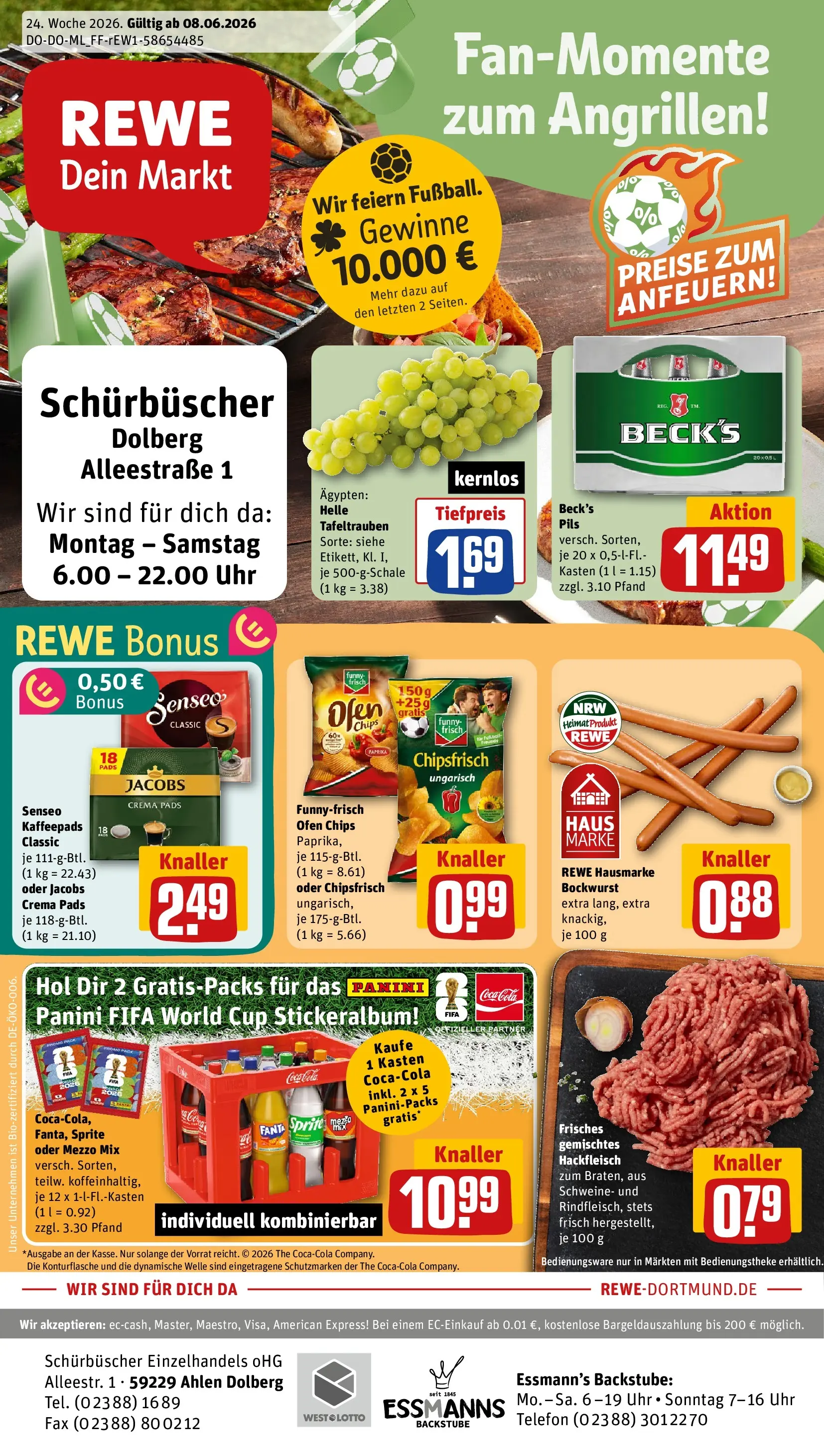 REWE Prospekt ab 08.06.2026 zum Blättern » Angebote | Seite: 1 | Produkte: Coca cola, Senseo kaffeepads, Chips, Hackfleisch