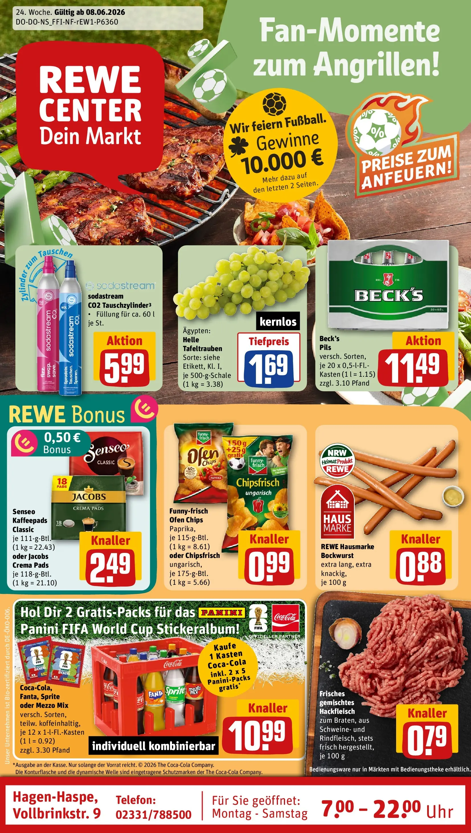 REWE Prospekt ab 08.06.2026 zum Blättern » Angebote | Seite: 1 | Produkte: Kaffeepads, Pils, Uhr, Sodastream