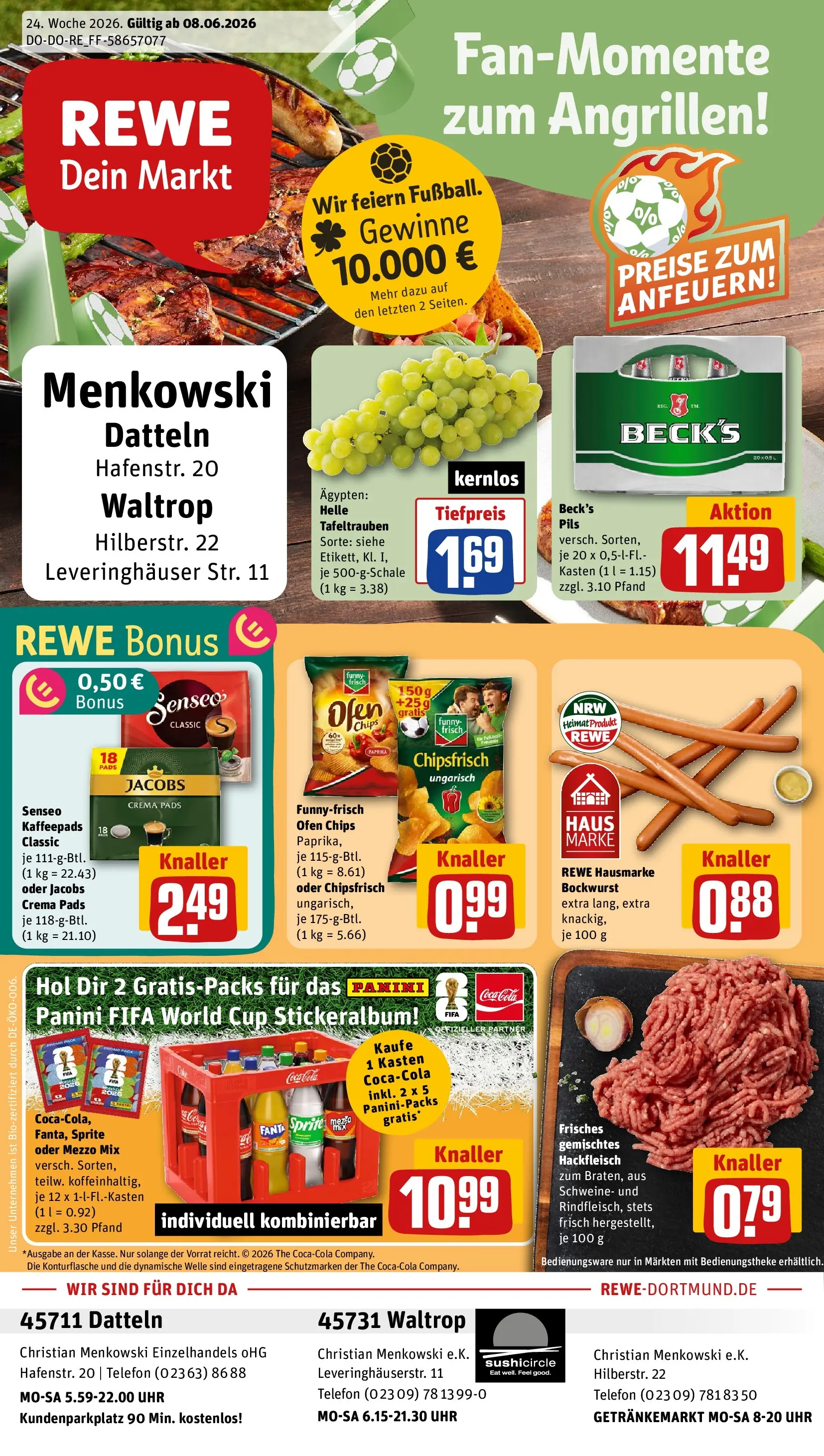 REWE Prospekt ab 08.06.2026 zum Blättern » Angebote | Seite: 1 | Produkte: Bockwurst, Senseo, Fanta, Telefon