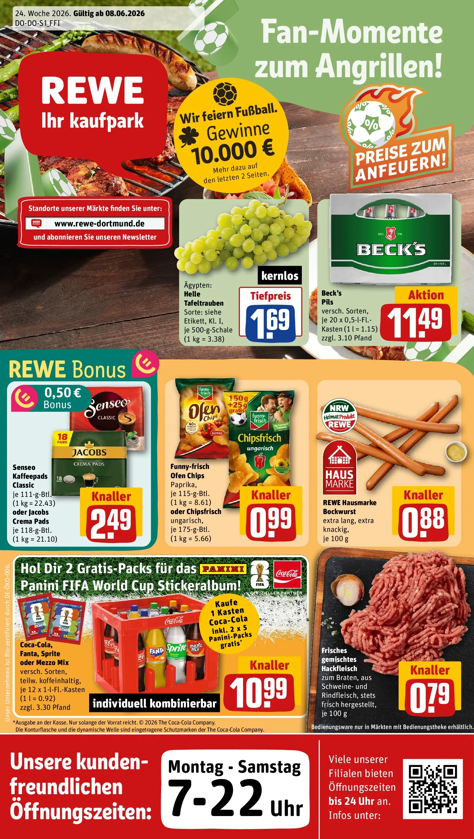 REWE Prospekt ab 08.06.2026 zum Blättern » Angebote | Seite: 1 | Produkte: Bockwurst, Ofen, Senseo kaffeepads, Oder mezzo mix