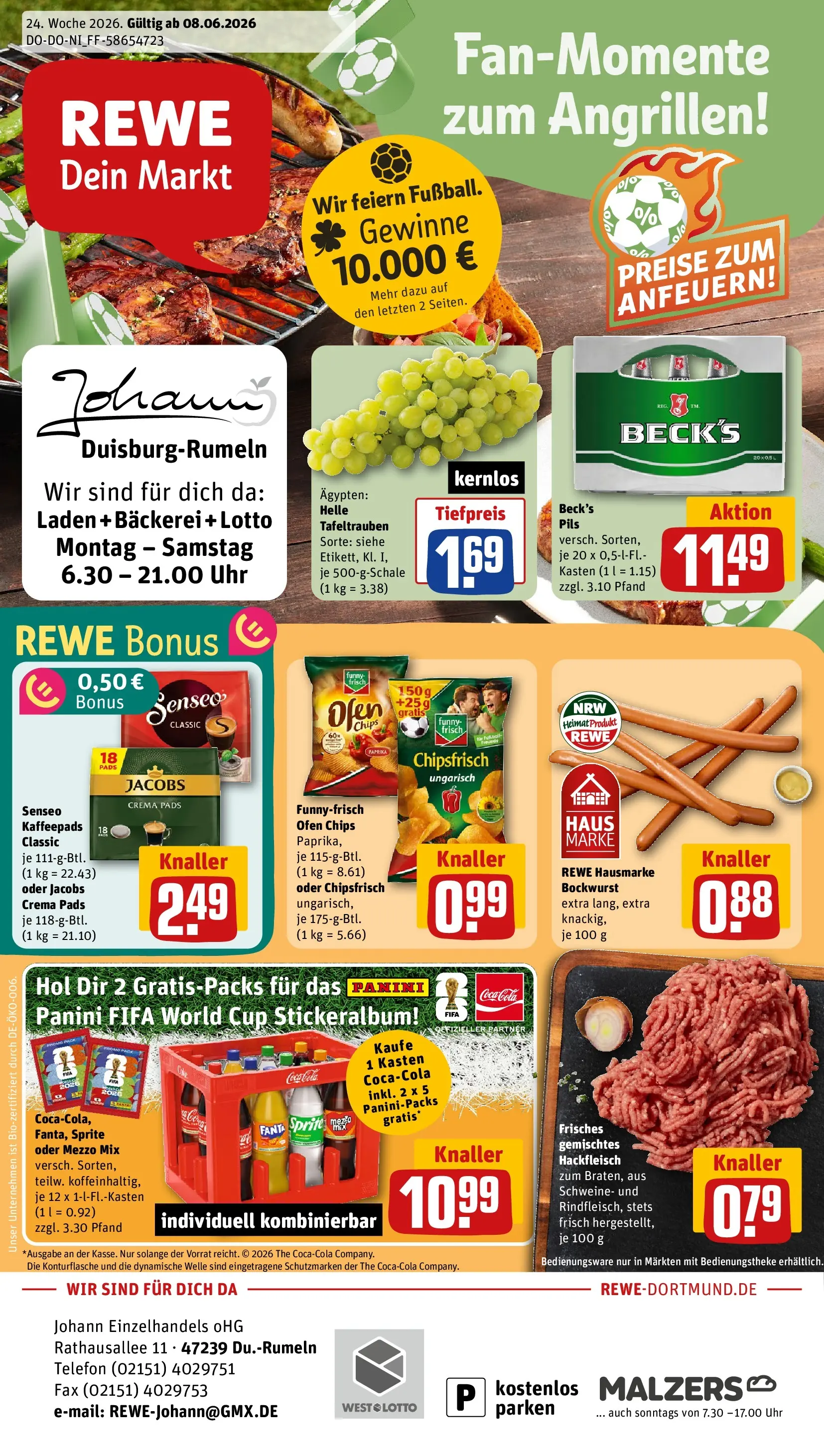 REWE Prospekt ab 08.06.2026 zum Blättern » Angebote | Seite: 1 | Produkte: Bockwurst, Senseo, Pils, Uhr
