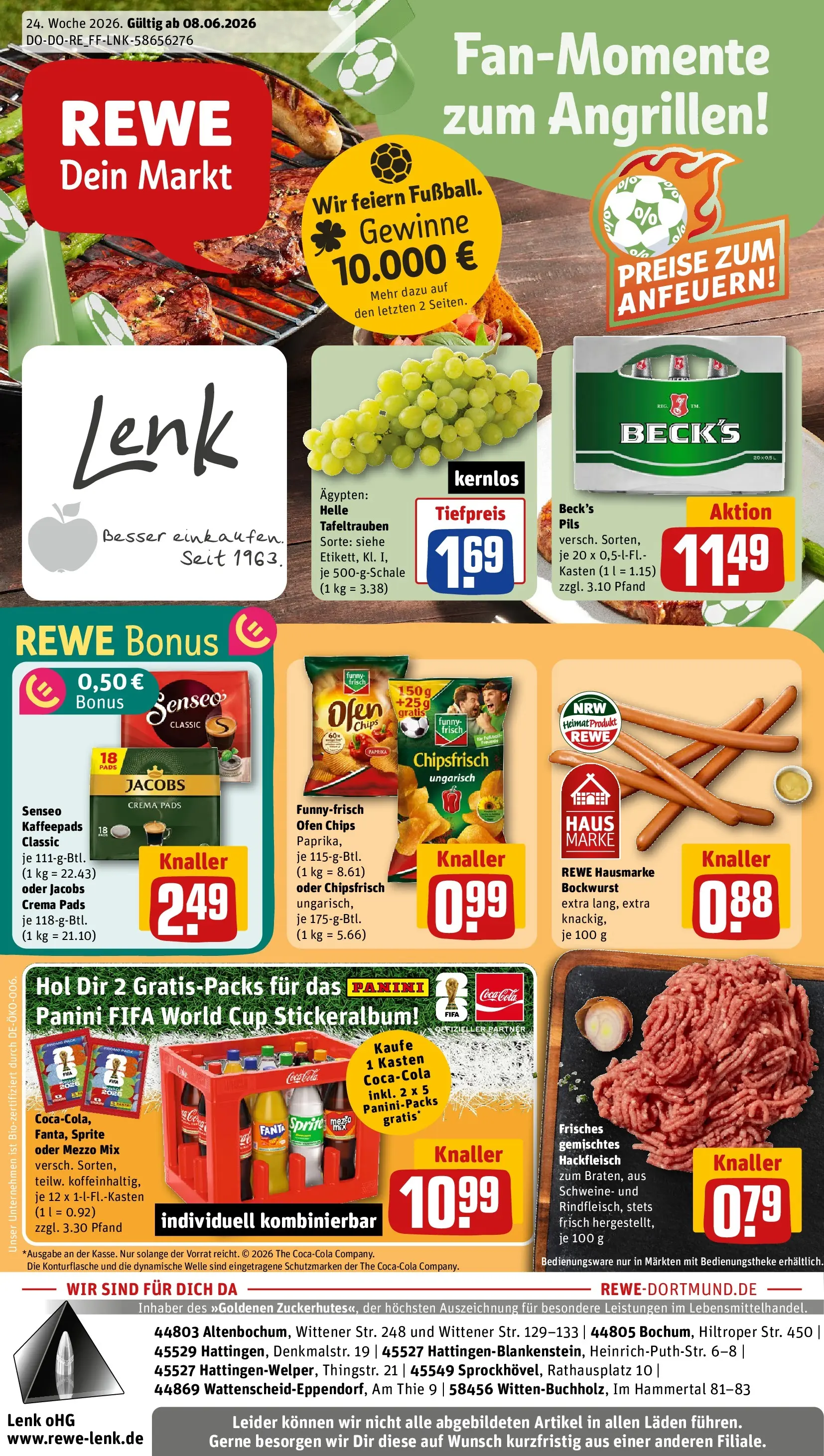 REWE Prospekt ab 08.06.2026 zum Blättern » Angebote | Seite: 1 | Produkte: Sprite, Cola, Funny frisch, Pils