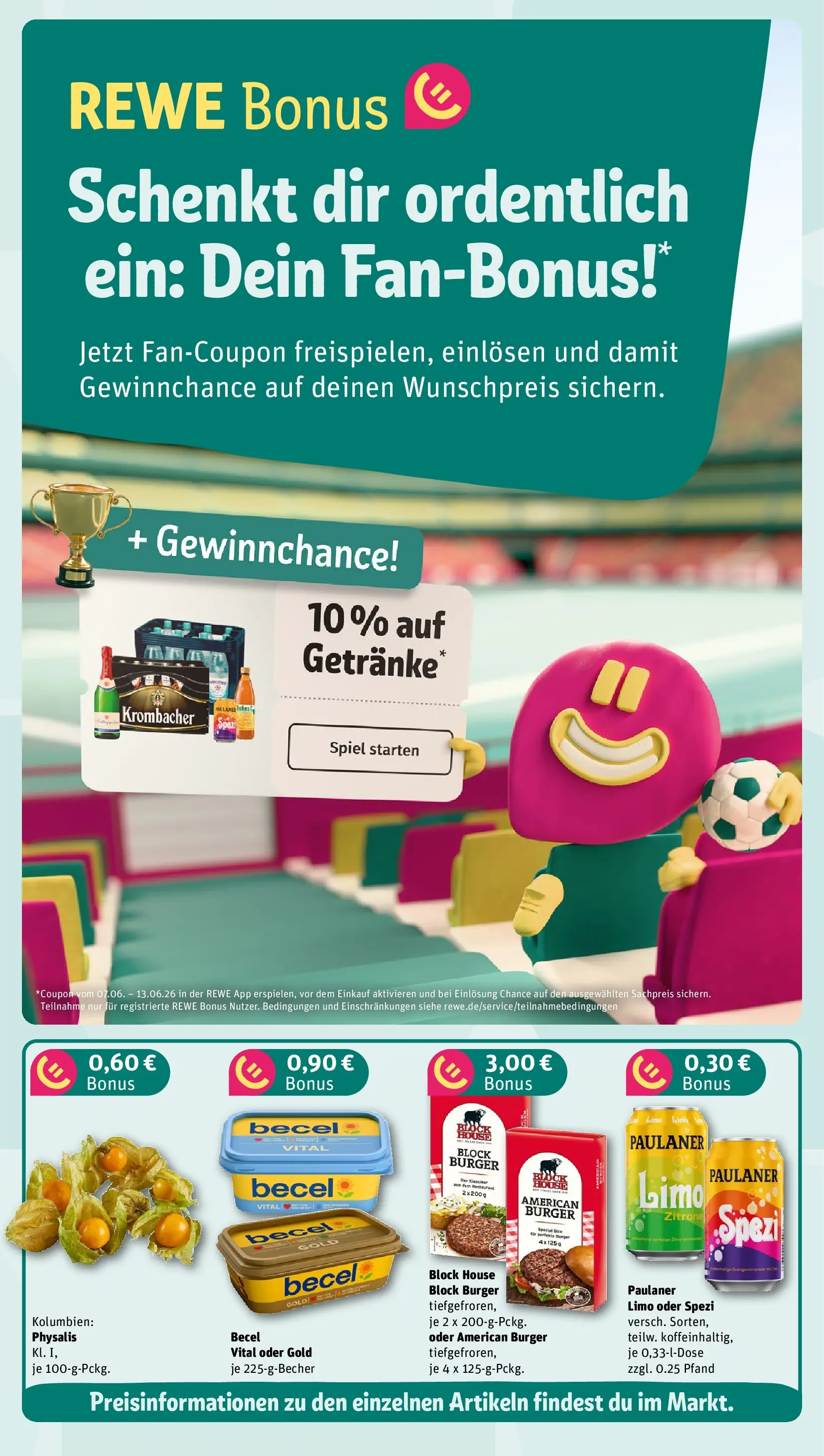 REWE Prospekt ab 07.06.2026 zum Blättern » Angebote | Seite: 3 | Produkte: Spiel, Becel, Burger, Paulaner