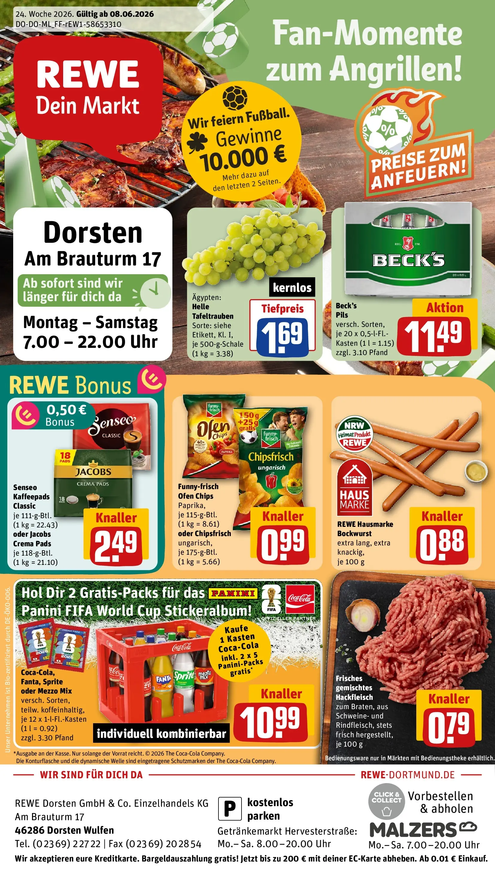 REWE Prospekt ab 08.06.2026 zum Blättern » Angebote | Seite: 1 | Produkte: Bockwurst, Fanta, Funny frisch, Chips