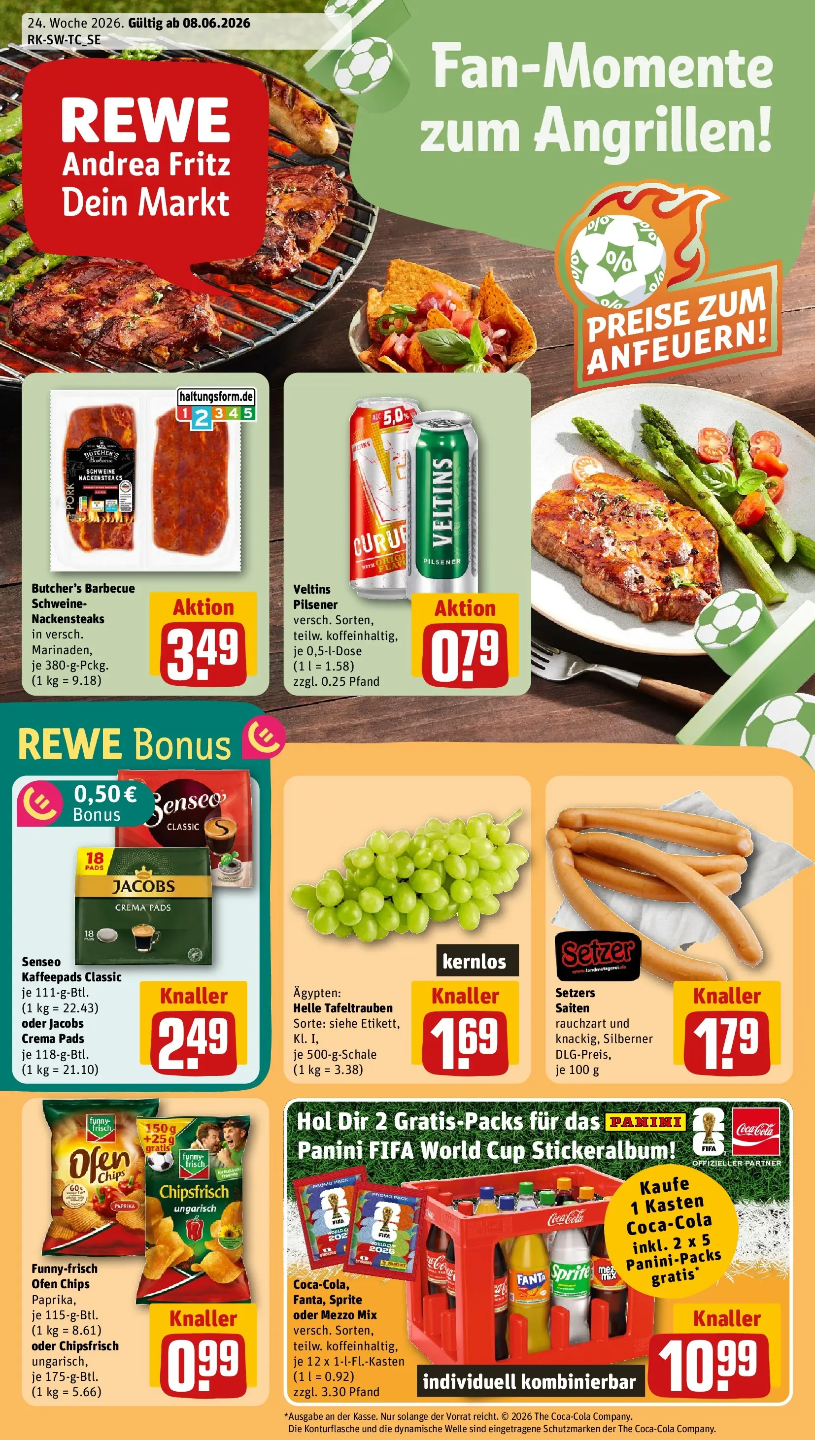 REWE Prospekt ab 08.06.2026 zum Blättern » Angebote | Seite: 1 | Produkte: Nackensteaks, Kaffeepads, Coca cola, Oder mezzo mix