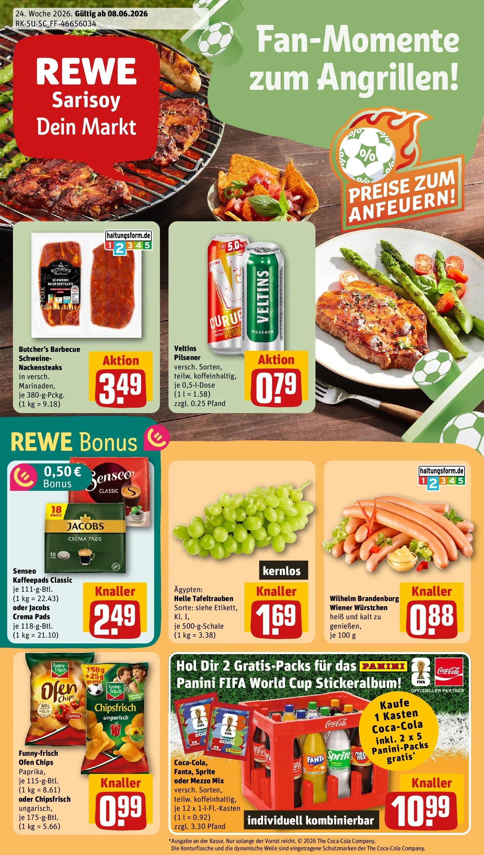 REWE Prospekt ab 08.06.2026 zum Blättern » Angebote | Seite: 1 | Produkte: Nackensteaks, Kaffeepads, Senseo kaffeepads, Chips