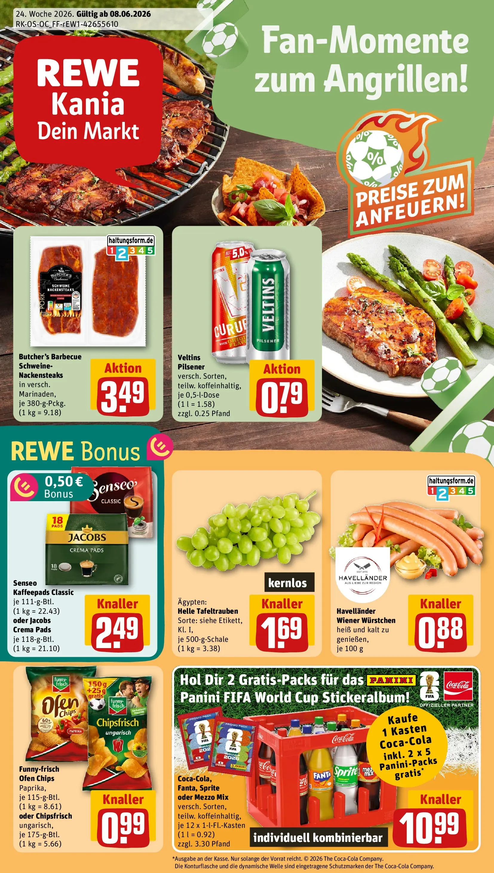 REWE Prospekt ab 08.06.2026 zum Blättern » Angebote | Seite: 1 | Produkte: Nackensteaks, Senseo, Funny frisch, Veltins