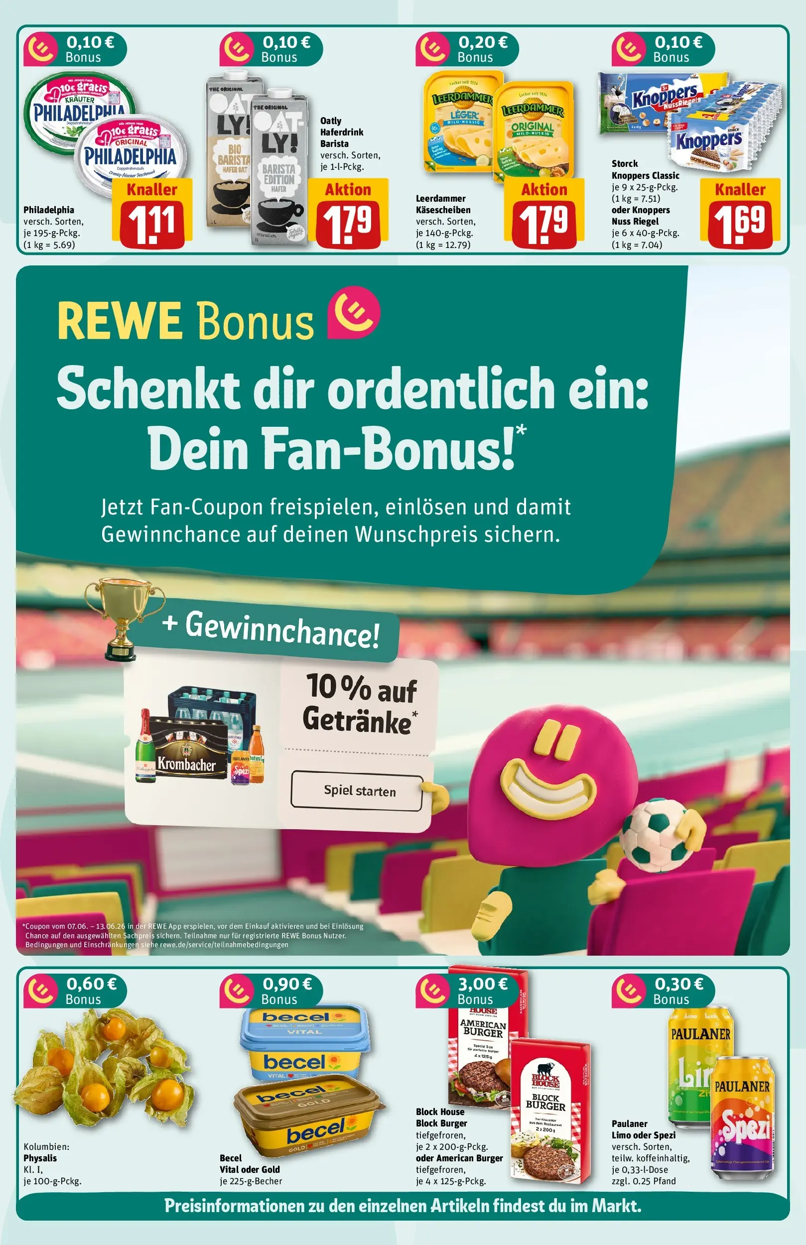 REWE Prospekt ab 08.06.2026 zum Blättern » Angebote | Seite: 2 | Produkte: Spiel, Philadelphia, Burger, Knoppers