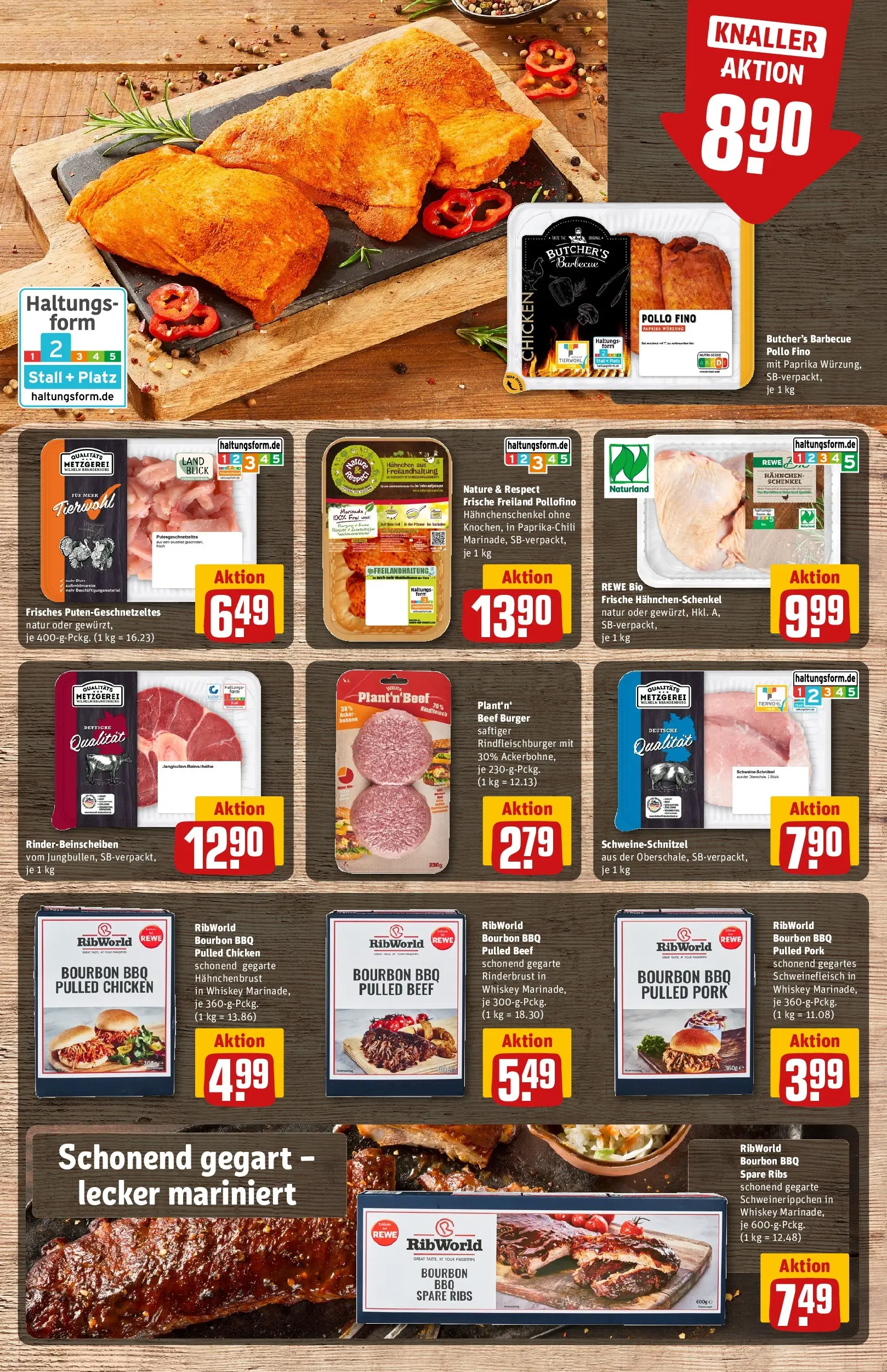 REWE Prospekt ab 08.06.2026 zum Blättern » Angebote | Seite: 9 | Produkte: Hahnchen, Hahnchenschenkel, Schweinefleisch, Bourbon