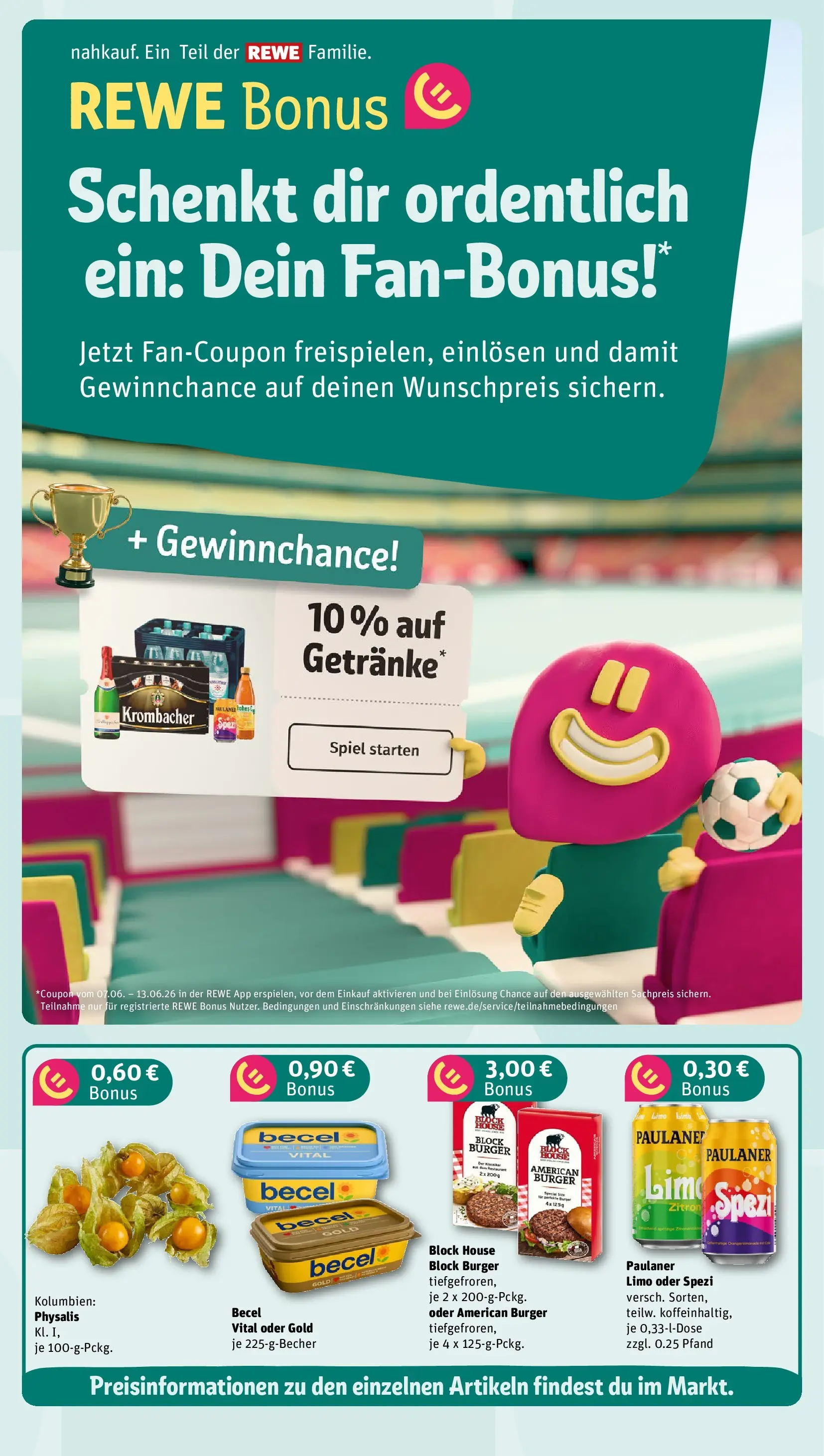 REWE Prospekt ab 08.06.2026 zum Blättern » Angebote | Seite: 4 | Produkte: Margarine, Becel, Burger, Krombacher