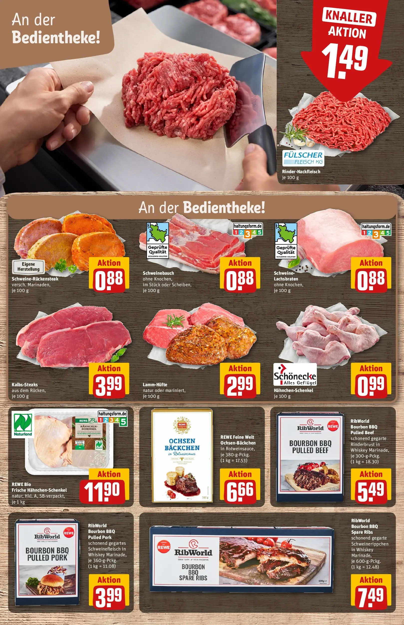 REWE Prospekt ab 08.06.2026 zum Blättern » Angebote | Seite: 9 | Produkte: Hahnchenschenkel, Schweinefleisch, Steak, Bourbon
