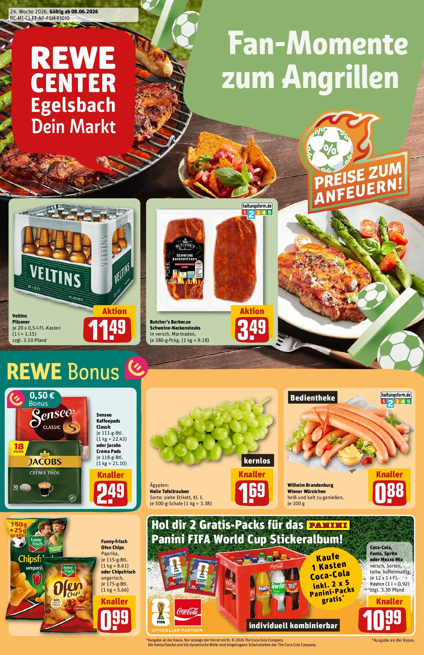 REWE Prospekt ab 08.06.2026 zum Blättern » Angebote | Seite: 1 | Produkte: Wiener wurstchen, Fanta, Cola, Funny frisch