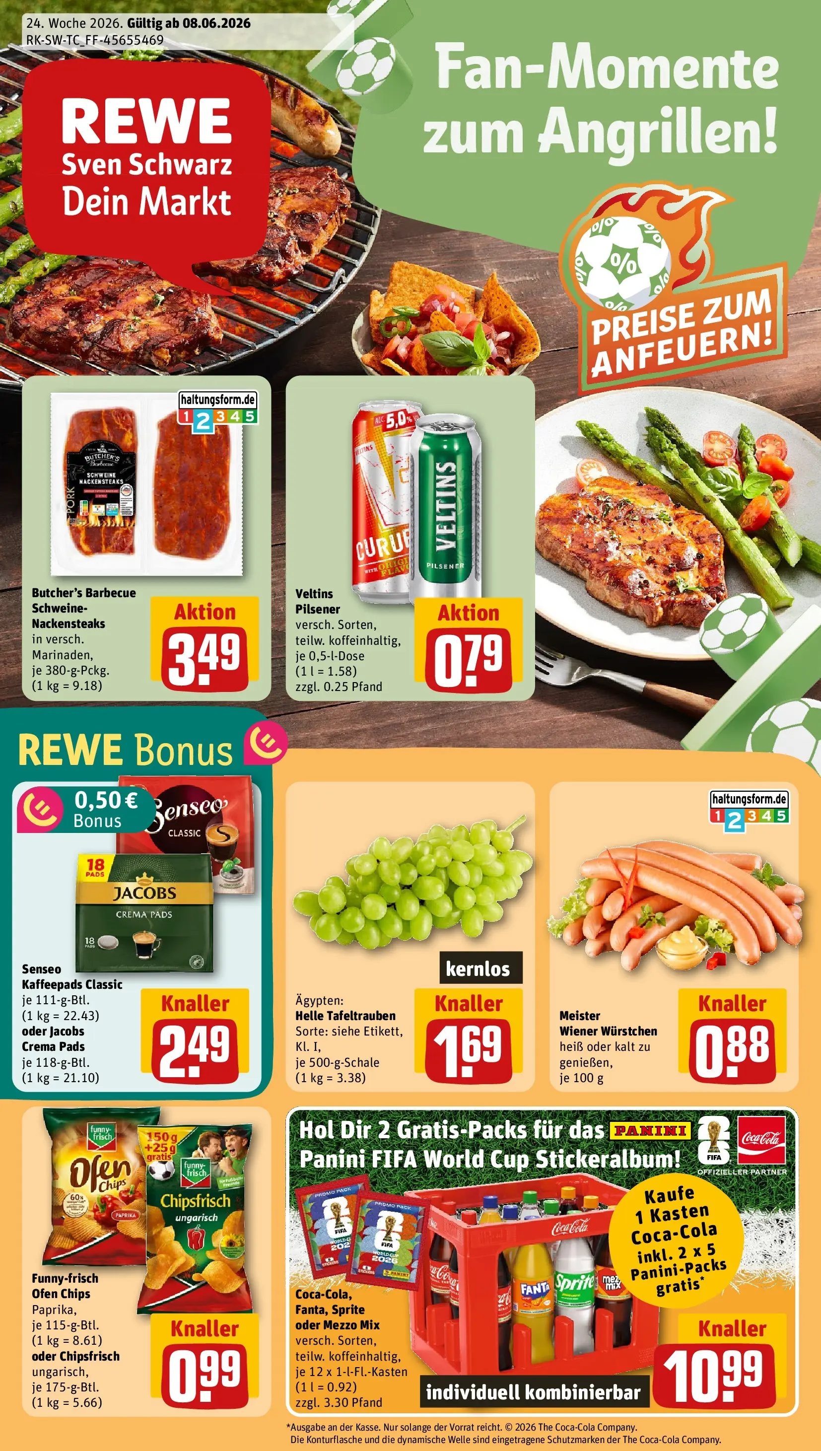 REWE Prospekt ab 08.06.2026 zum Blättern » Angebote | Seite: 1 | Produkte: Nackensteaks, Senseo, Wiener wurstchen, Coca cola