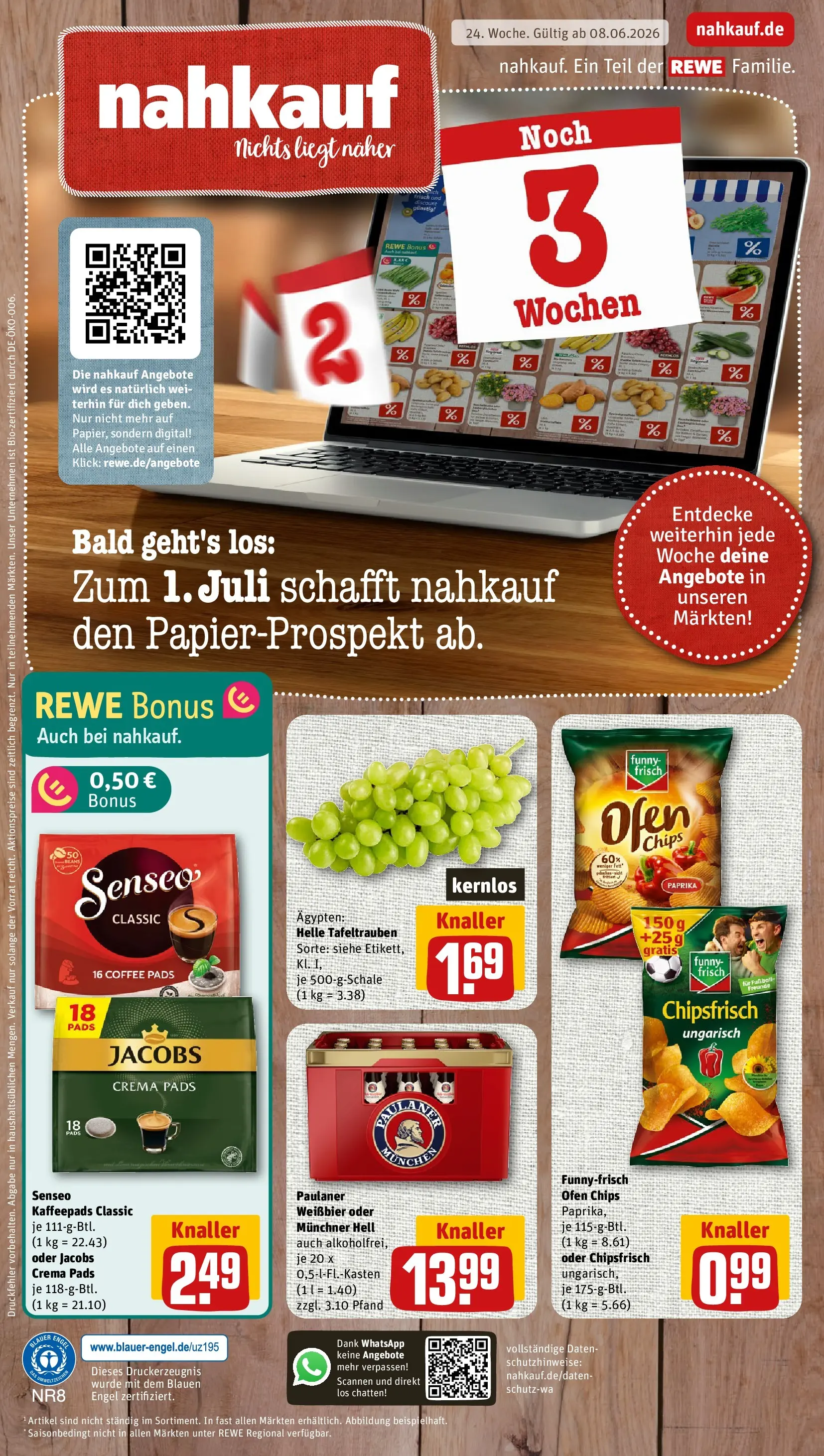 REWE Prospekt ab 08.06.2026 zum Blättern » Angebote | Seite: 1 | Produkte: Senseo, Senseo kaffeepads, Chips, Paulaner