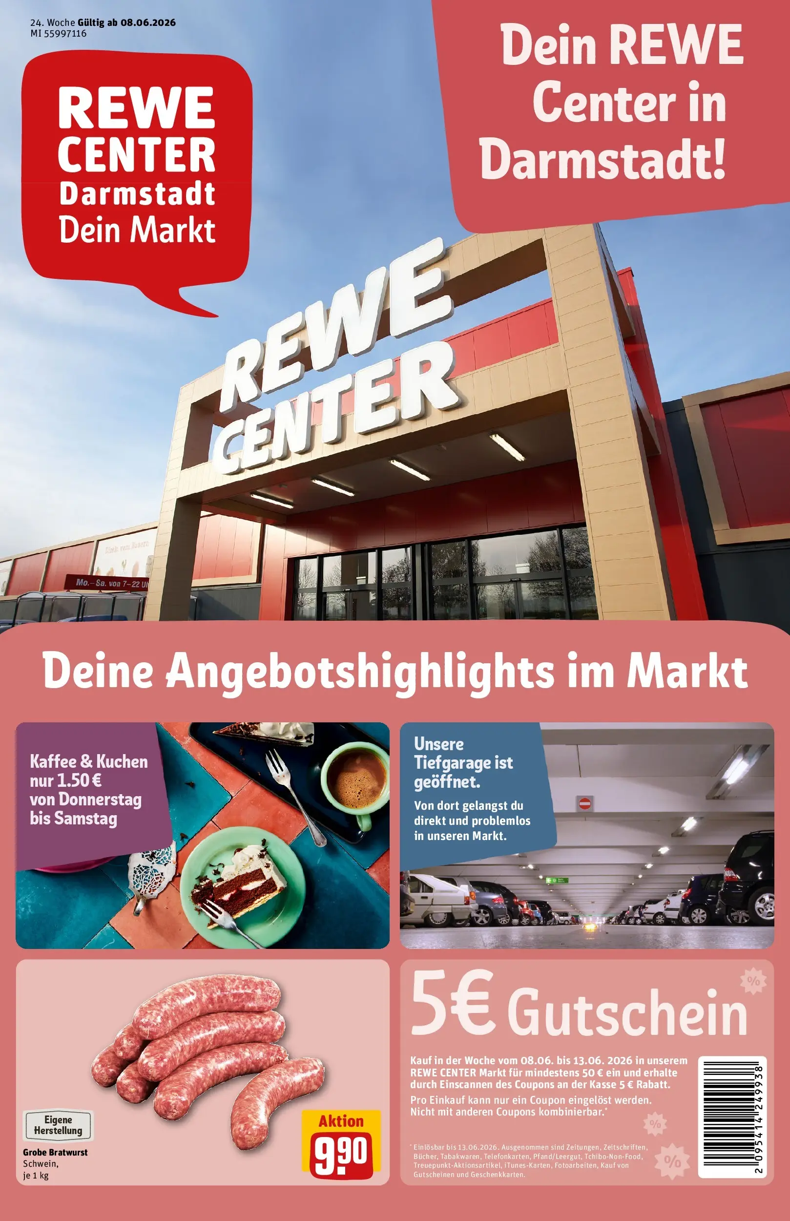 REWE Prospekt ab 08.06.2026 zum Blättern » Angebote | Seite: 1 | Produkte: Kaffee, Bratwurst, Kuchen