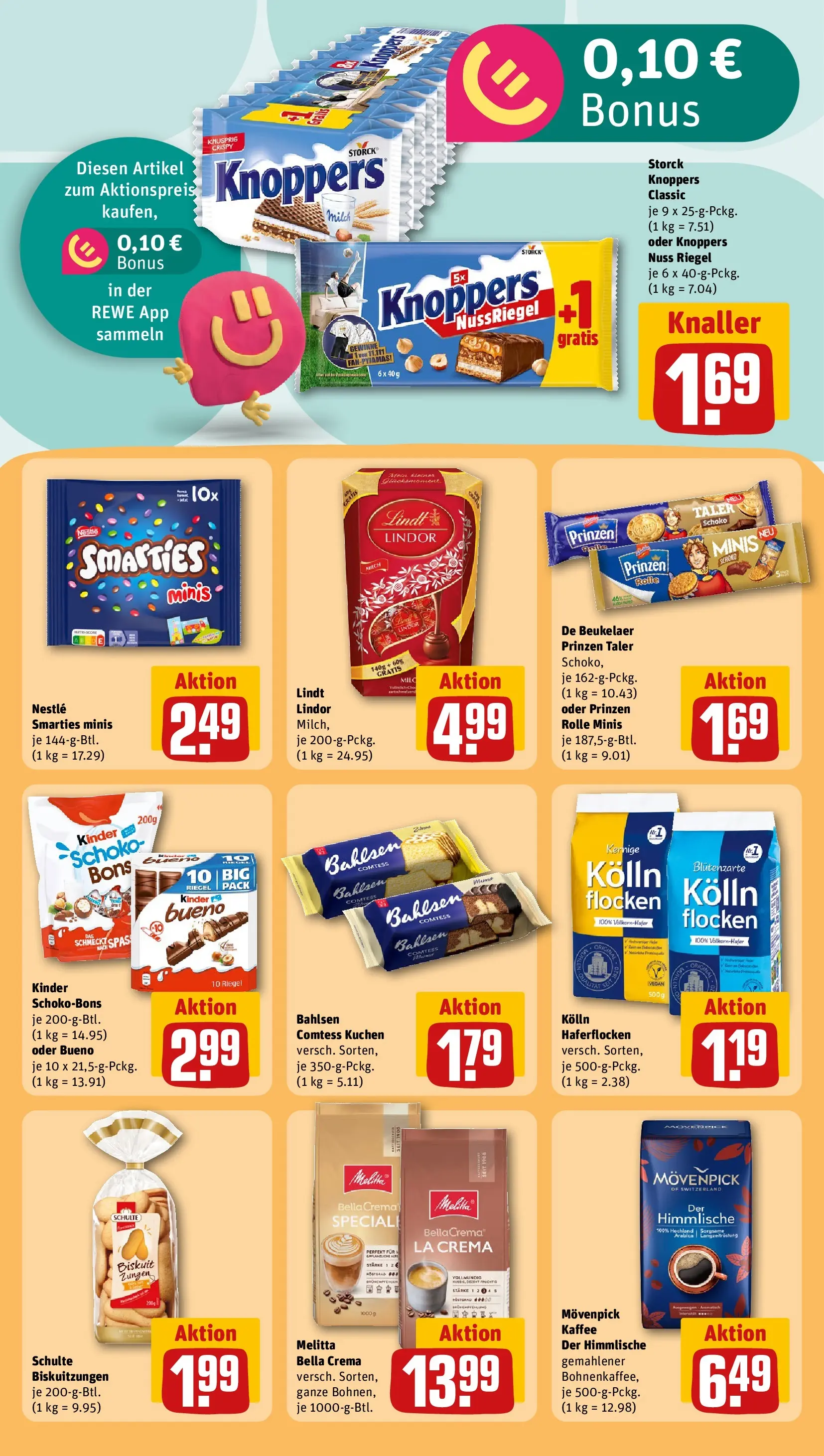 REWE Prospekt ab 08.06.2026 zum Blättern » Angebote | Seite: 23 | Produkte: Smarties, Kinder bueno, Knoppers, Flocken