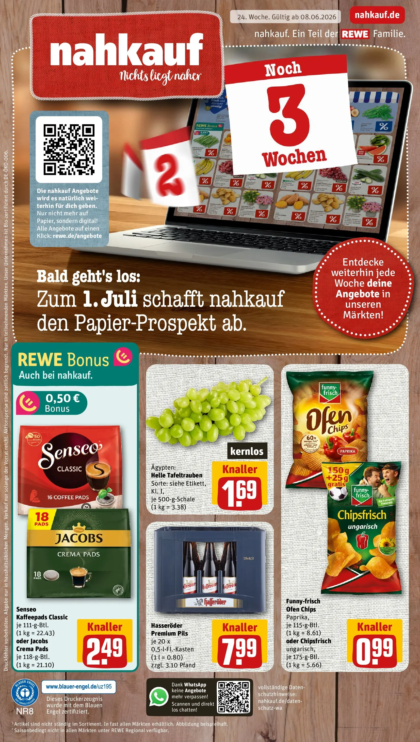 REWE Prospekt ab 08.06.2026 zum Blättern » Angebote | Seite: 1 | Produkte: Senseo, Senseo kaffeepads, Hasseröder, Chips