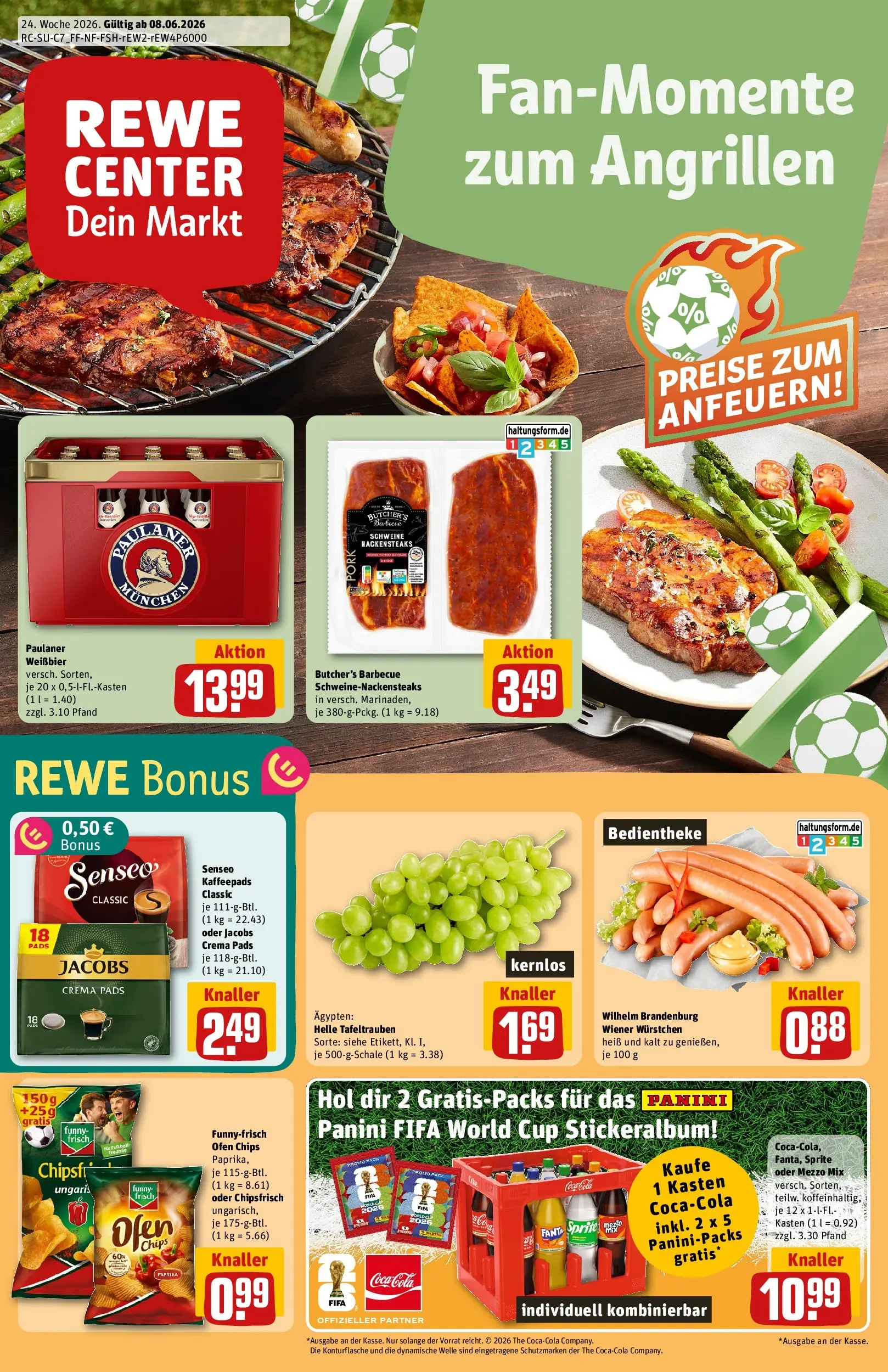 REWE Prospekt ab 08.06.2026 zum Blättern » Angebote | Seite: 1 | Produkte: Kaffeepads, Fanta, Cola, Paulaner