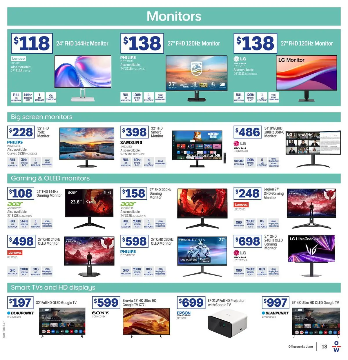 Officeworks - EOFY Deals - 10/06/2026 > weekly / monthly specials | Page: 13 | Products: Monitor, Tv, Projector, Screen