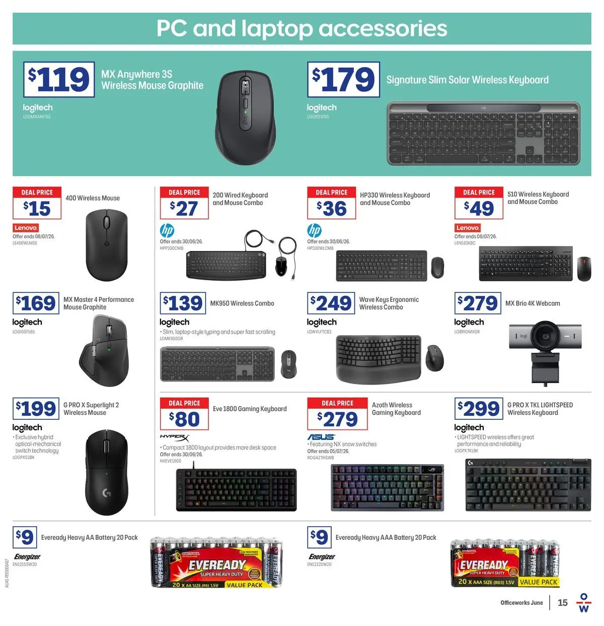 Officeworks - EOFY Deals - 10/06/2026 > weekly / monthly specials | Page: 15 | Products: Battery, Ergonomic, Laptop, Webcam