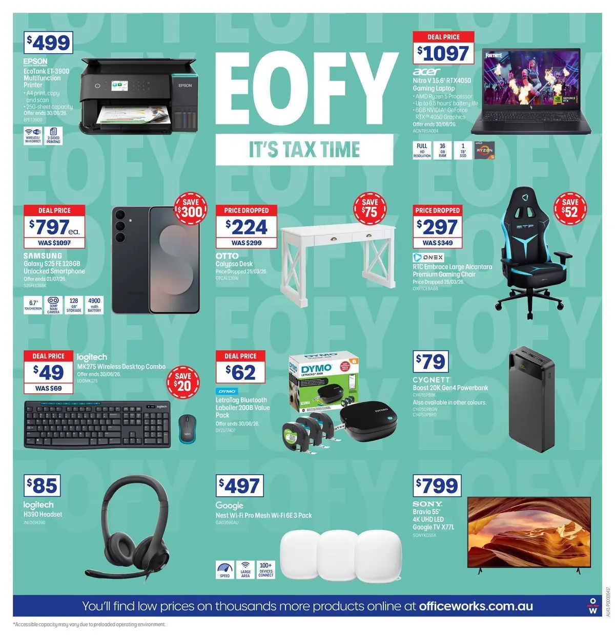 Officeworks - EOFY Deals - 10/06/2026 > weekly / monthly specials | Page: 20 | Products: Chair, Battery, Printer, Laptop