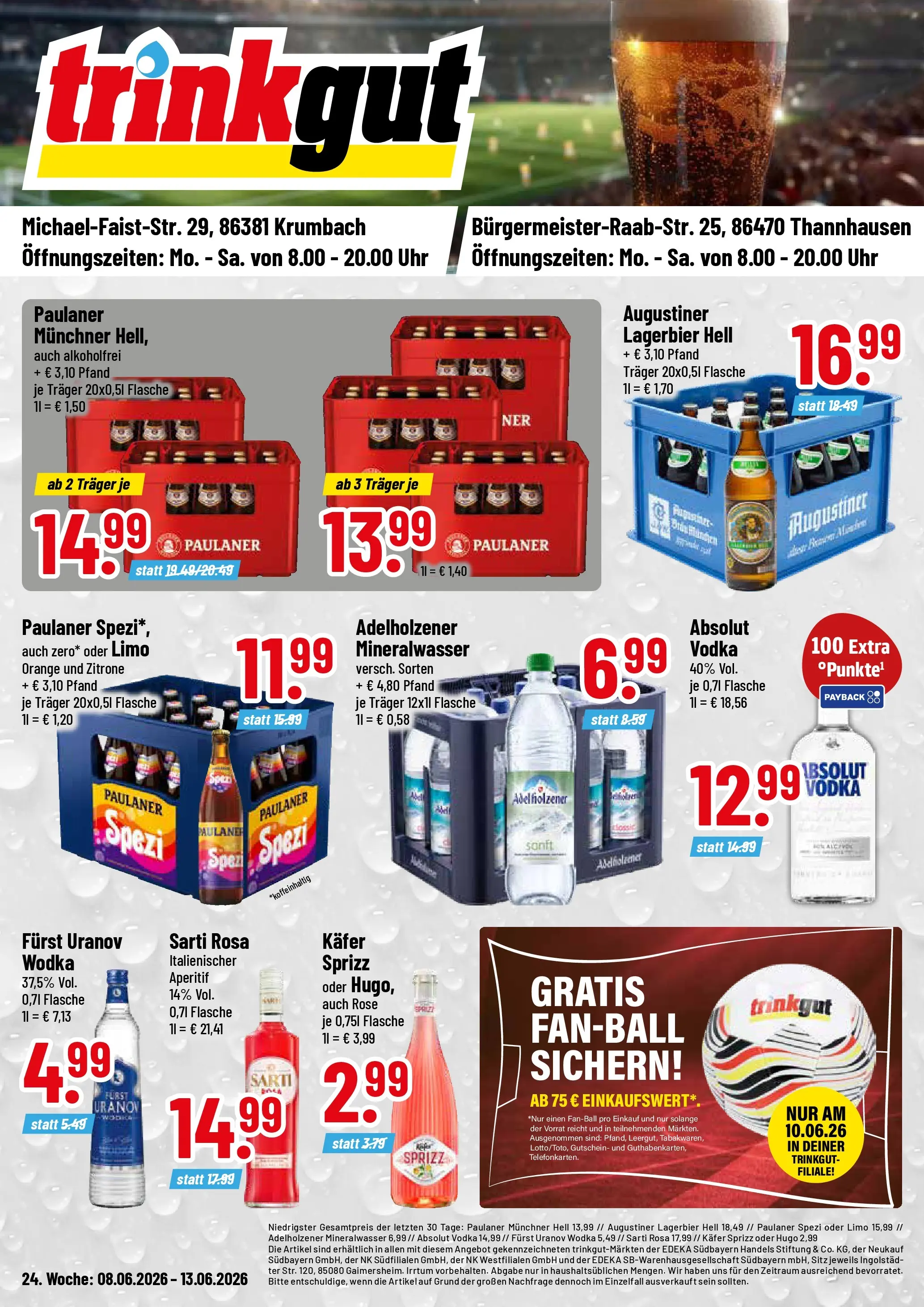 Trinkgut Prospekt Krumbach (ab 08.06.2026) » Angebote online | Seite: 1 | Produkte: Paulaner spezi, Zitrone, Hugo, Wodka