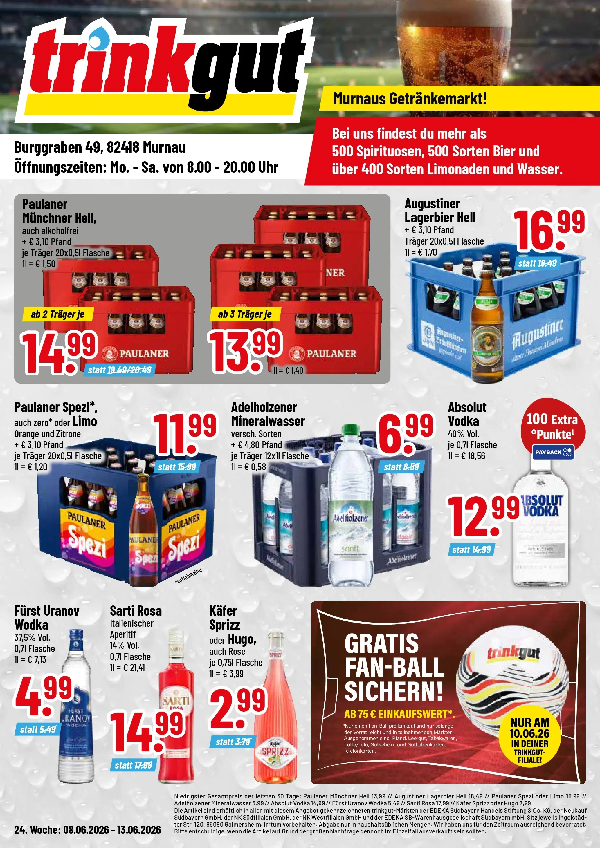 Trinkgut Prospekt Murnau (ab 08.06.2026) » Angebote online | Seite: 1 | Produkte: Bier, Paulaner spezi, Adelholzener, Wodka