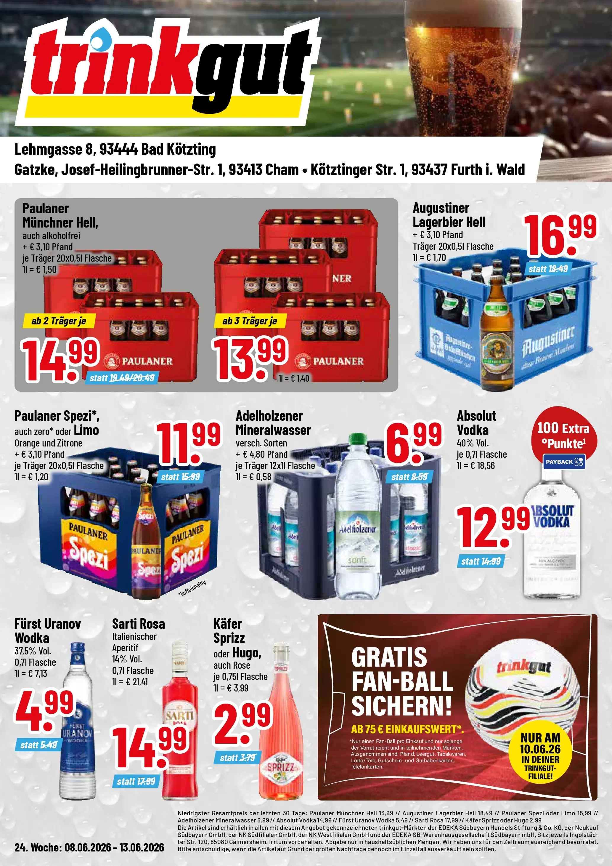 Trinkgut Prospekt Furth Im Wald (ab 08.06.2026) » Angebote online | Seite: 1 | Produkte: Paulaner spezi, Mineralwasser, Vodka, Paulaner