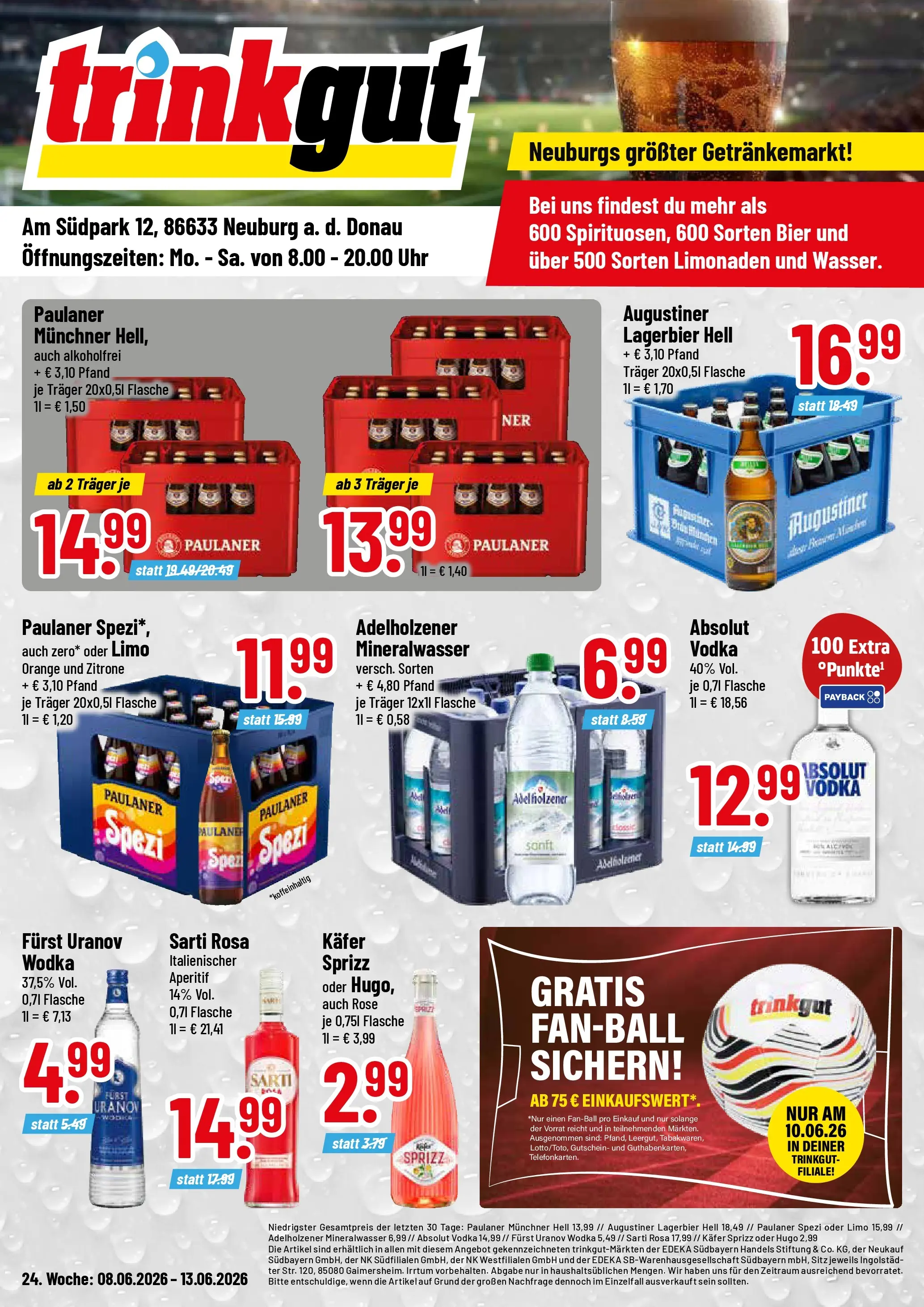 Trinkgut Prospekt Neuburg An Der Donau (ab 08.06.2026) » Angebote online | Seite: 1 | Produkte: Bier, Mineralwasser, Zitrone, Hugo