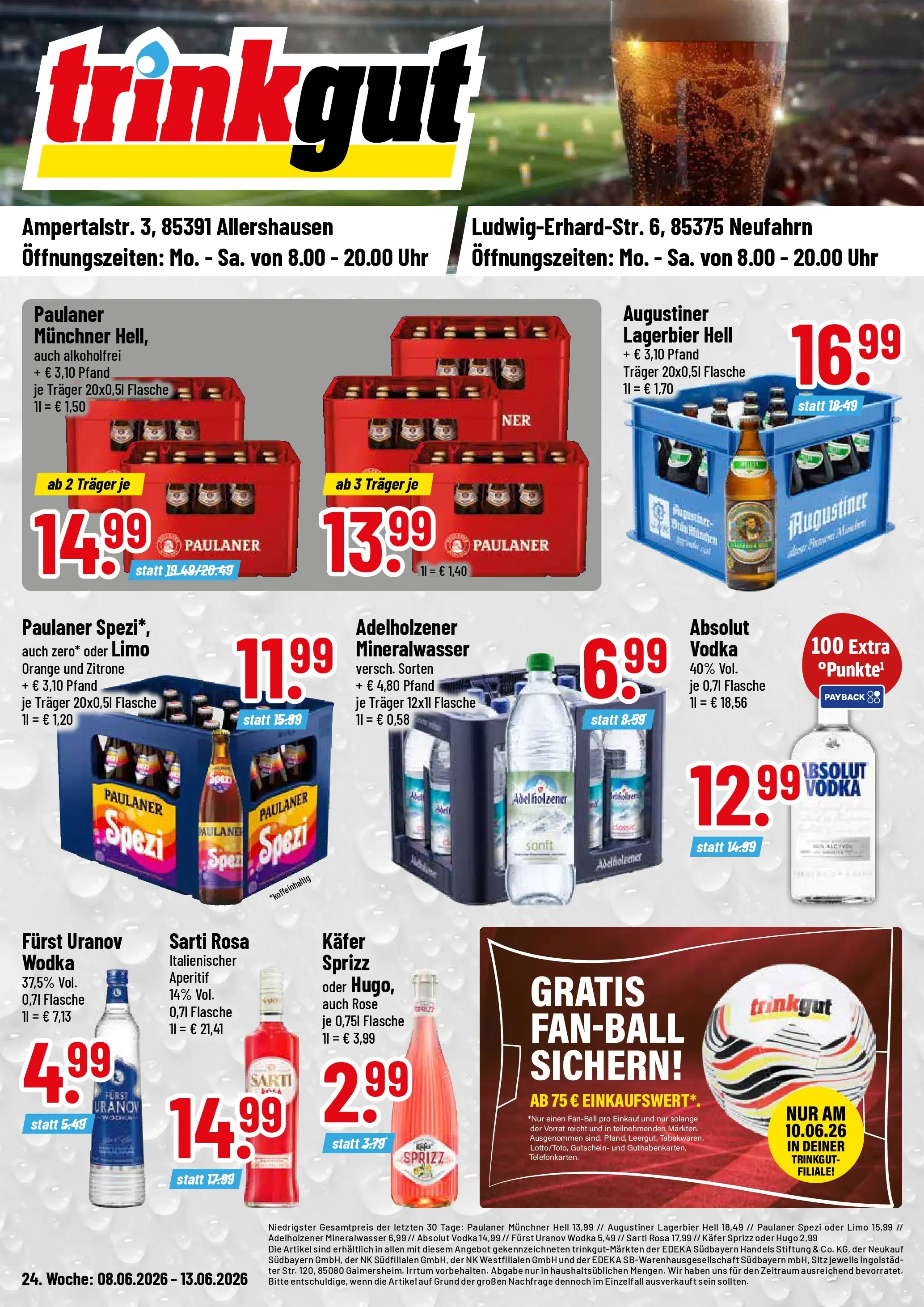 Trinkgut Prospekt Allershausen (ab 08.06.2026) » Angebote online | Seite: 1 | Produkte: Adelholzener, Mineralwasser, Vodka, Uhr