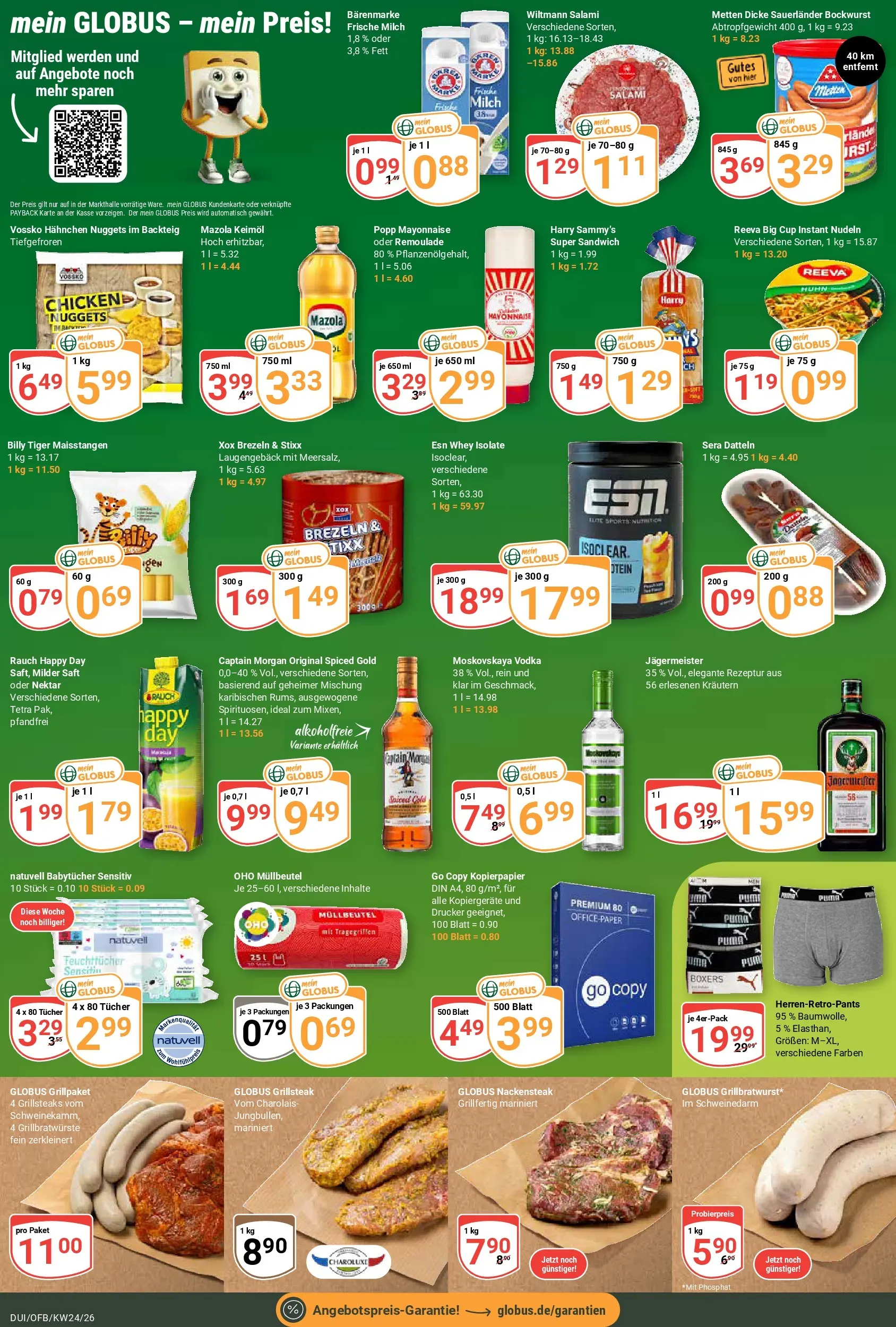 Globus Prospekt Duisburg (ab 08.06.2026) » Angebote online | Seite: 6 | Produkte: Milch, Captain morgan, Vodka, Nudeln