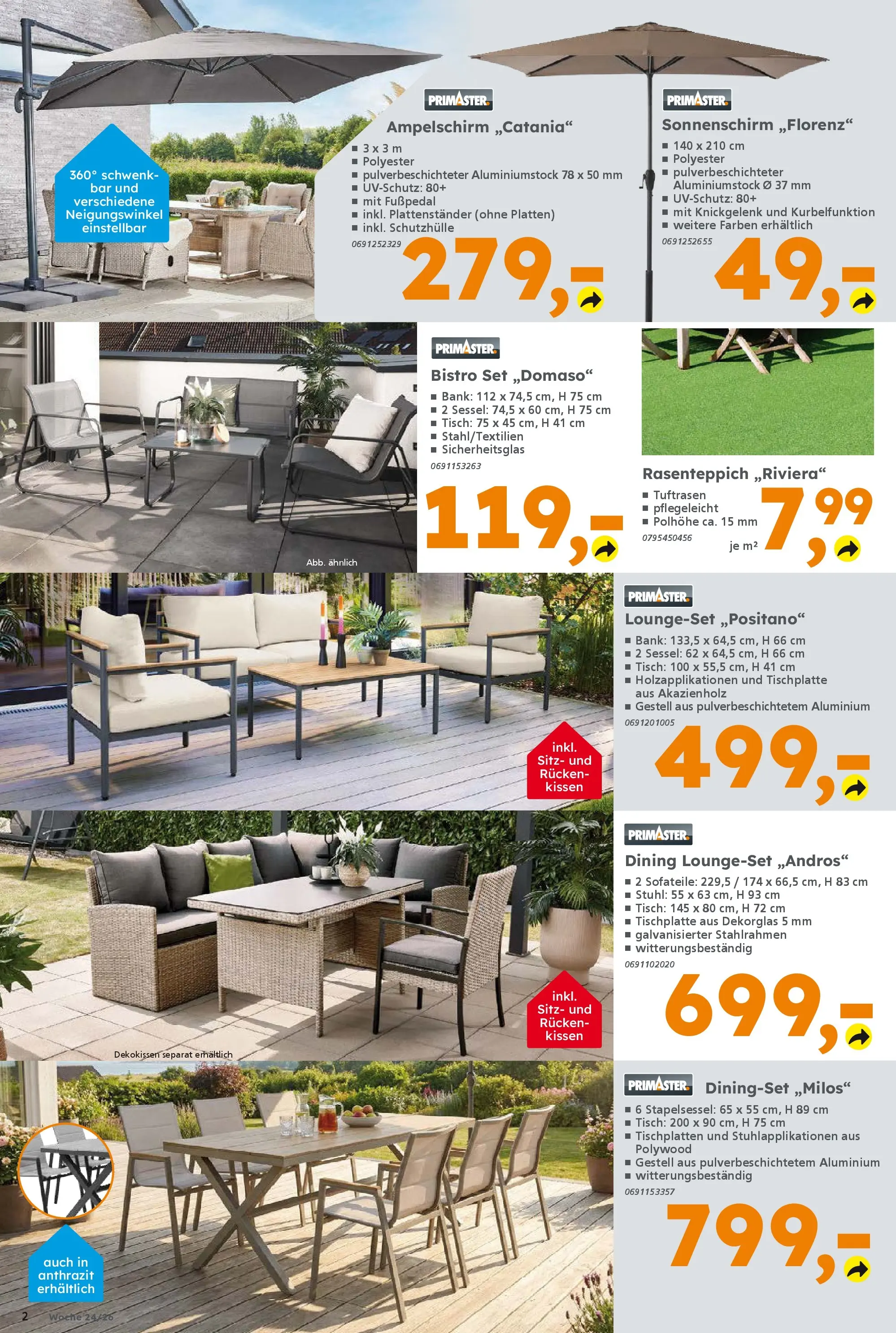 Globus Baumarkt Prospekt Königsbrunn (ab 08.06.2026) zum Blättern | Seite: 2 | Produkte: Kissen, Sessel, Tisch, Sonnenschirm