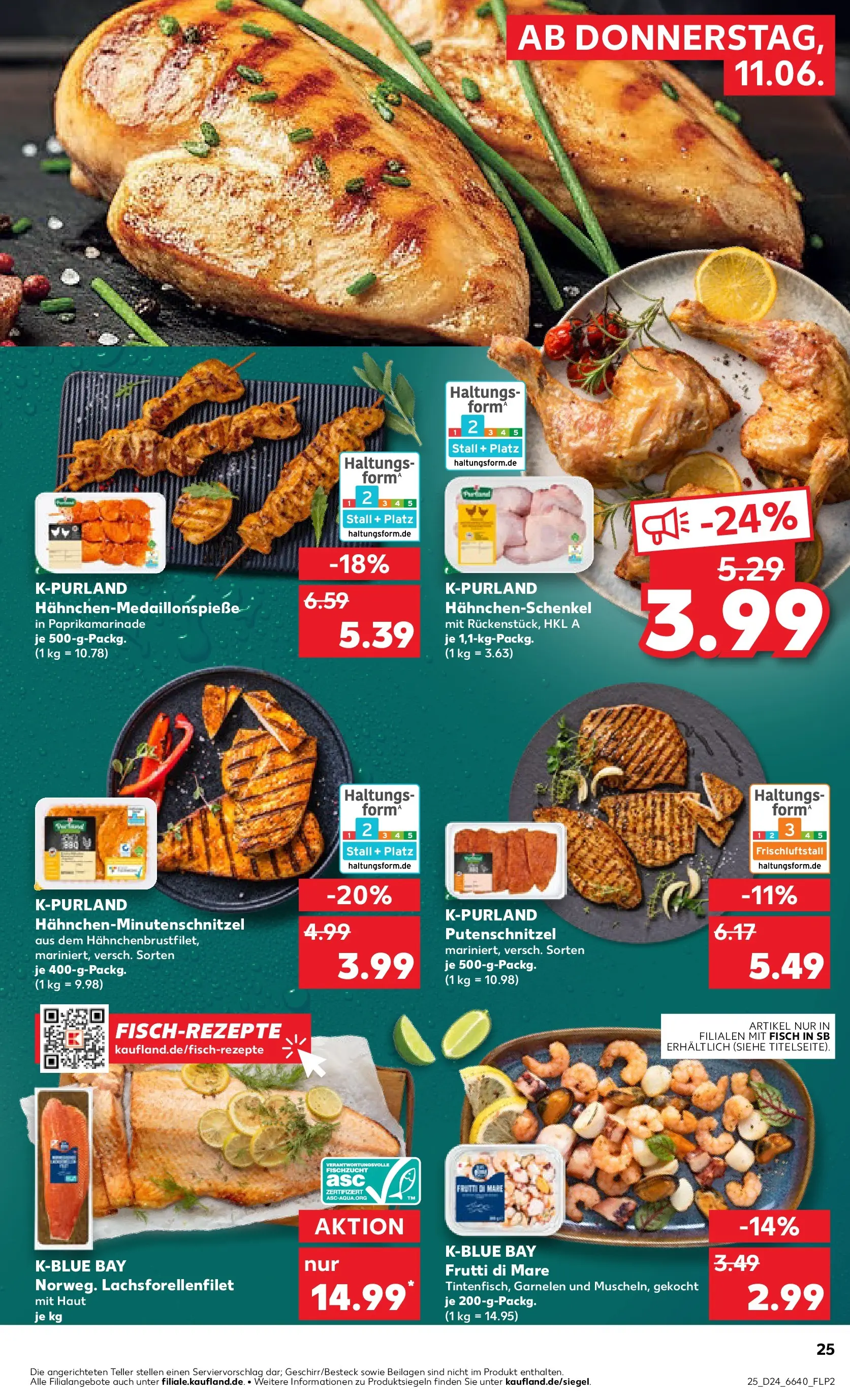 Prospekt Kaufland ab 11.06.2026 » Angebote Online zum Blättern | Seite: 25 | Produkte: Hahnchenschenkel, Garnelen, Fisch, Putenschnitzel