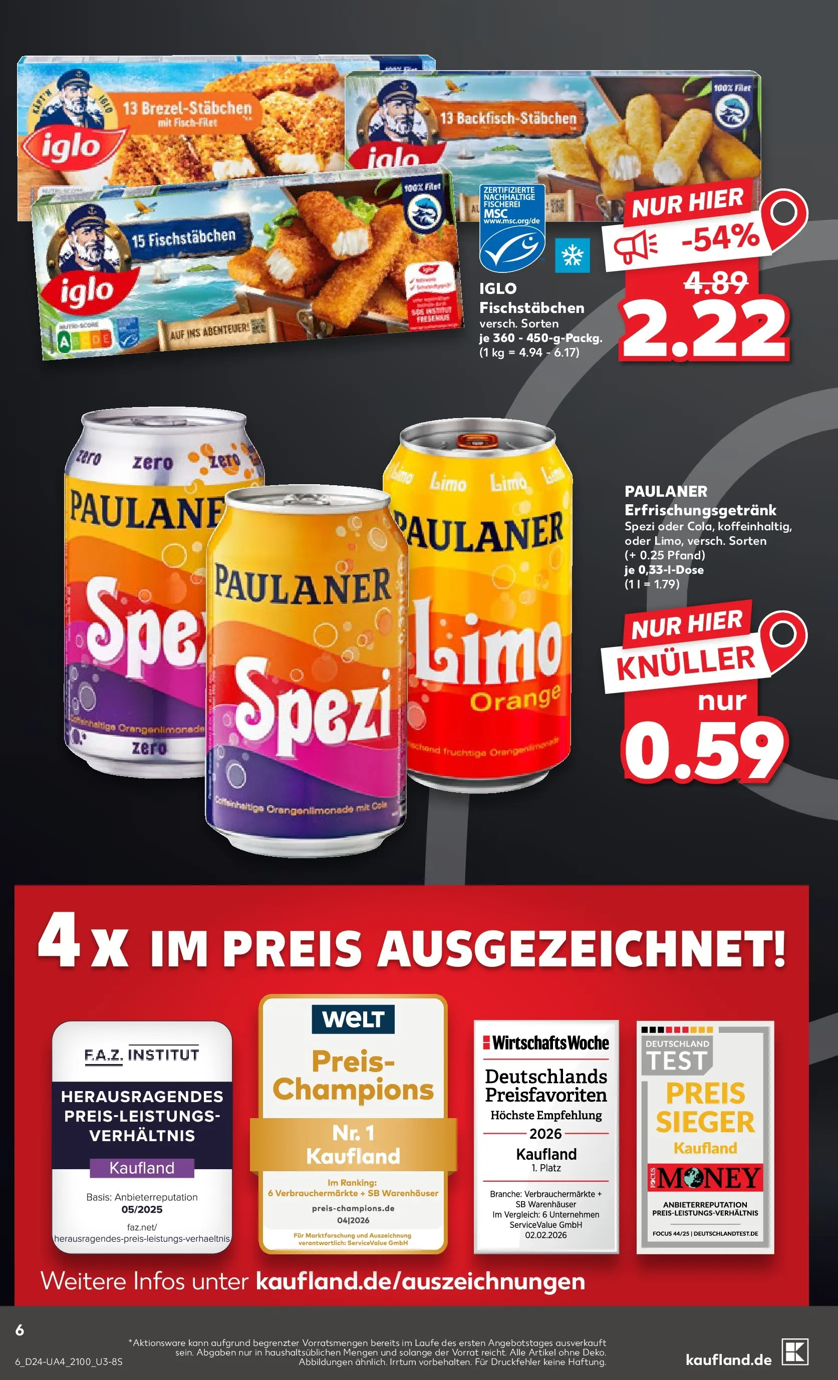 Prospekt Kaufland ab 11.06.2026 » Angebote Online zum Blättern | Seite: 6 | Produkte: Paulaner spezi, Iglo, Fischstabchen, Paulaner