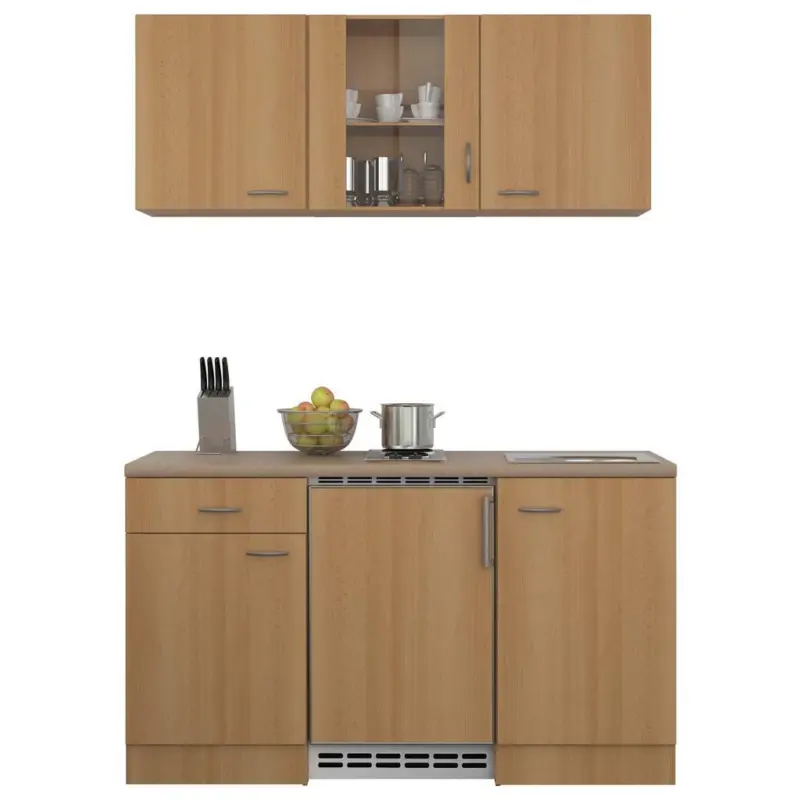 Minik&uuml;che m. K&uuml;hlschrank + Kochfeld 150 cm Creme/Buche