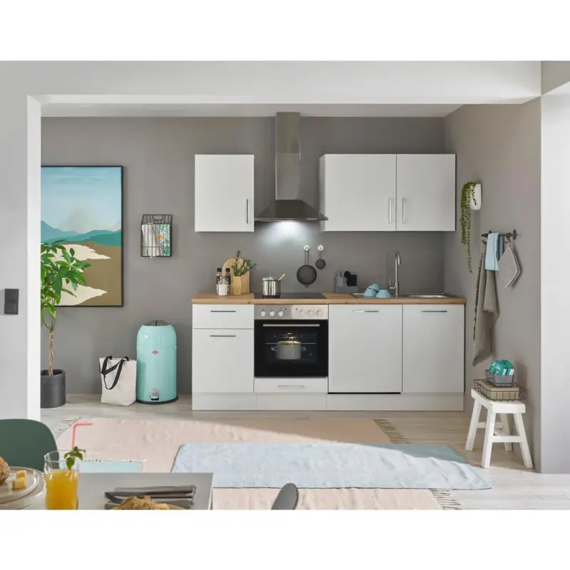 Einbauk&uuml;che K&uuml;chenblock M&ouml;belix Turin Wei&szlig;/Eiche Dekor B: 220 cm