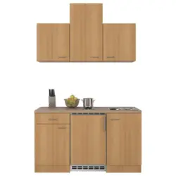 Minik&uuml;che m. K&uuml;hlschrank + Kochfeld 150 cm Creme/Buche