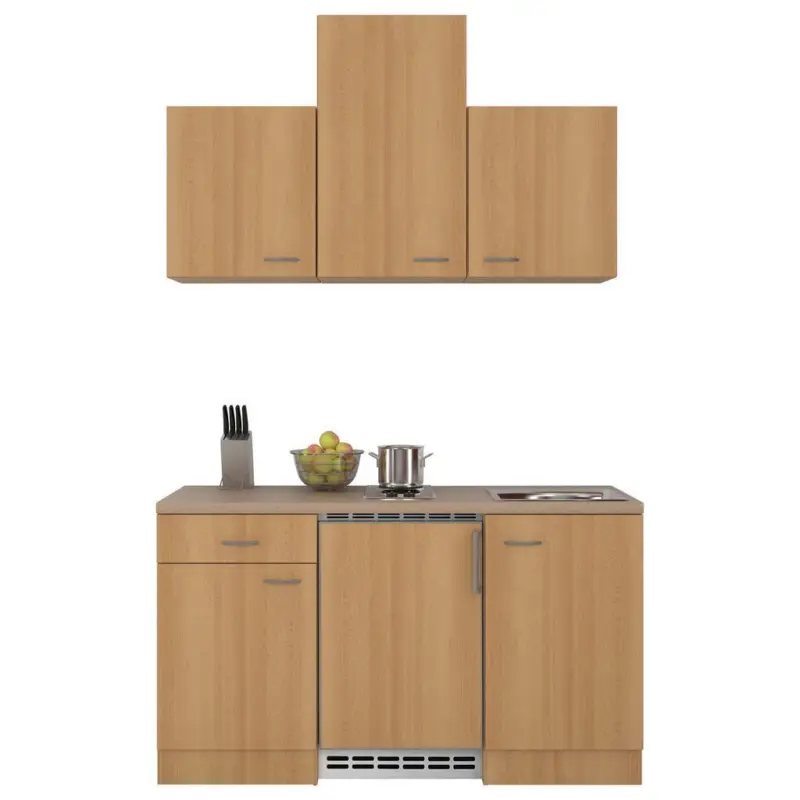 Minik&uuml;che m. K&uuml;hlschrank + Kochfeld 150 cm Creme/Buche