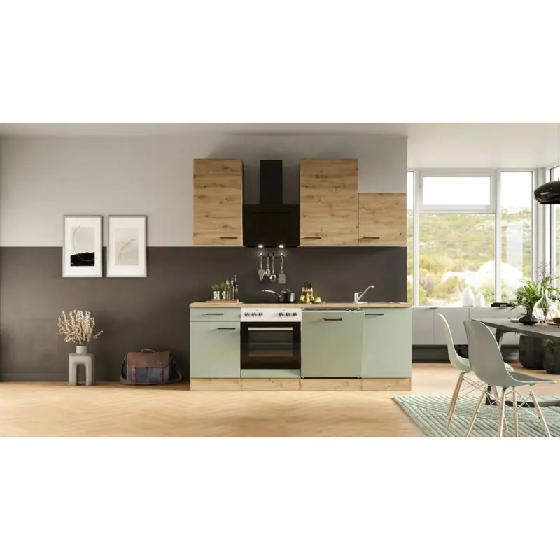 Einbauk&uuml;che K&uuml;chenblock M&ouml;belix Cara Eiche Artisan/Gr&uuml;n B: 220 cm