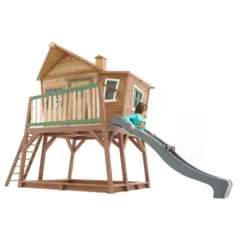 Spielhaus Holz mit Rutsche und Kletterwand braun gr&uuml;n Max