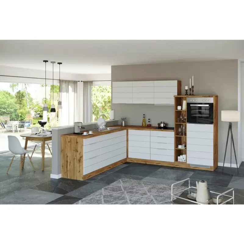 Einbauk&uuml;che Eckk&uuml;che M&ouml;belix Florenz ohne Ger&auml;te 240x270 cm Wei&szlig;/Eichefarben