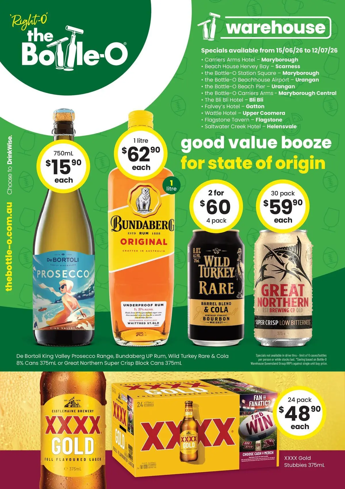 The Bottle-O - Good Value Booze, For Good Value People. QLD 15/06 - 14/06/2026 > weekly / monthly specials | Page: 1 | Products: Bourbon, Whiskey, Rum, Fan