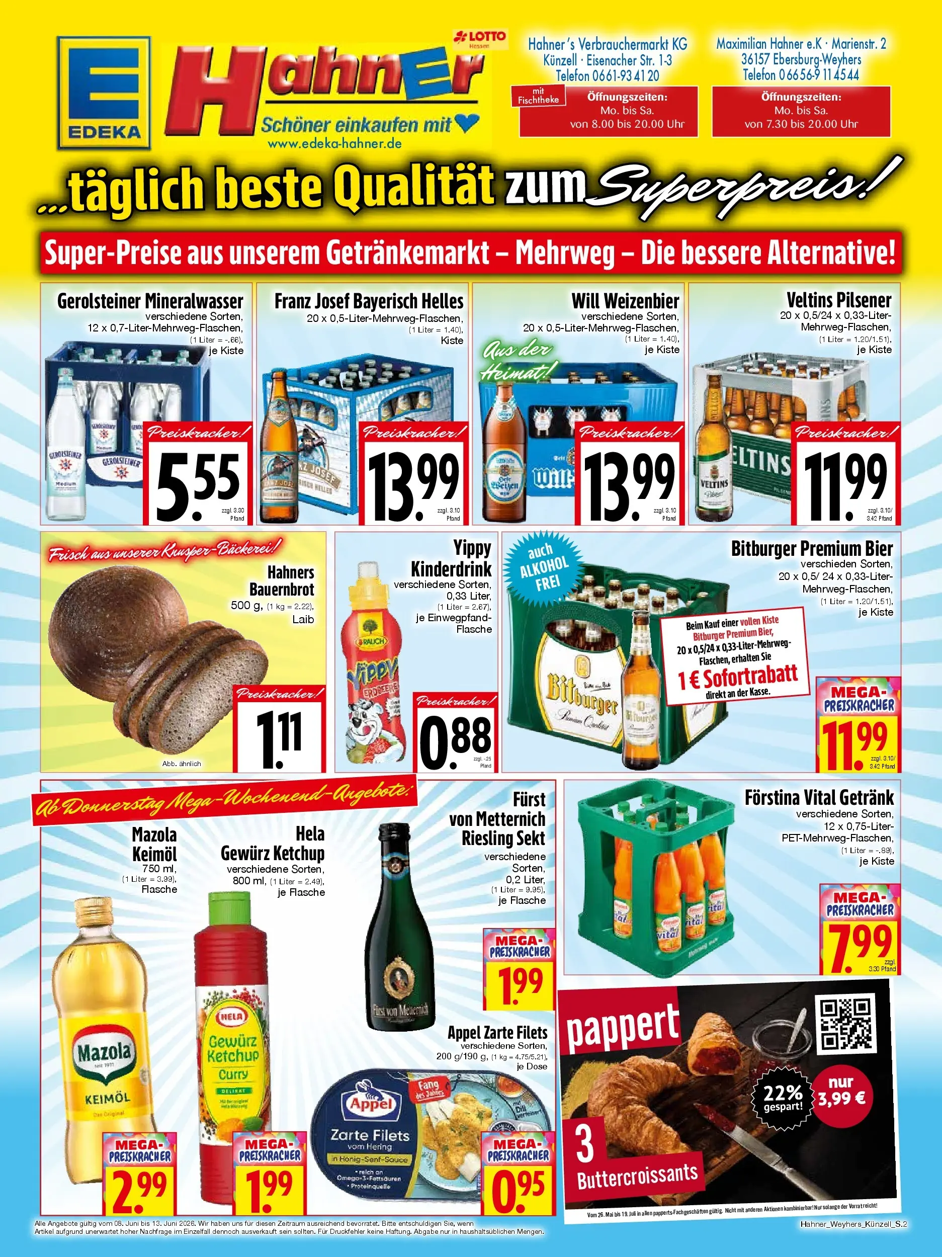 Angebote - Edeka Hahner: Wochenangebote (ab 07.06.2026) zum Blättern | Seite: 2 | Produkte: Mineralwasser, Uhr, Veltins, Gerolsteiner
