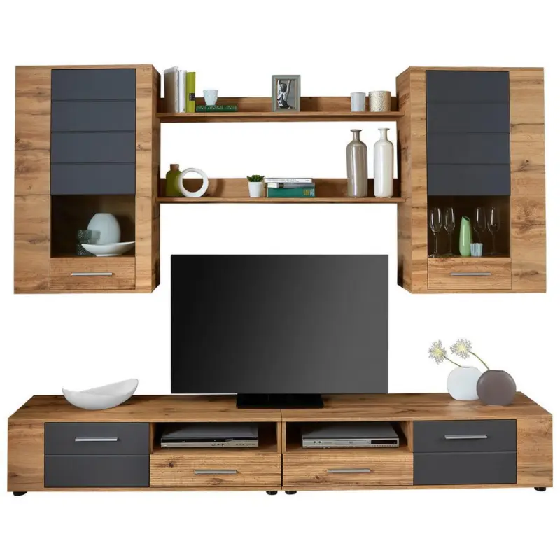 Wohnwand modern 6--Teilig. mit LED Fargo, Wotan Eiche Dekor/Grau