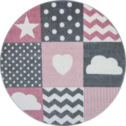 Kinderteppich rund Herz Grau/Wei&szlig;/Pink Kids &Oslash; 120 cm