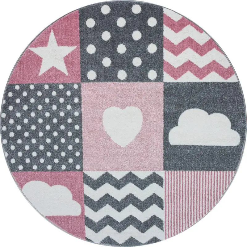 Kinderteppich rund Herz Grau/Wei&szlig;/Pink Kids &Oslash; 120 cm