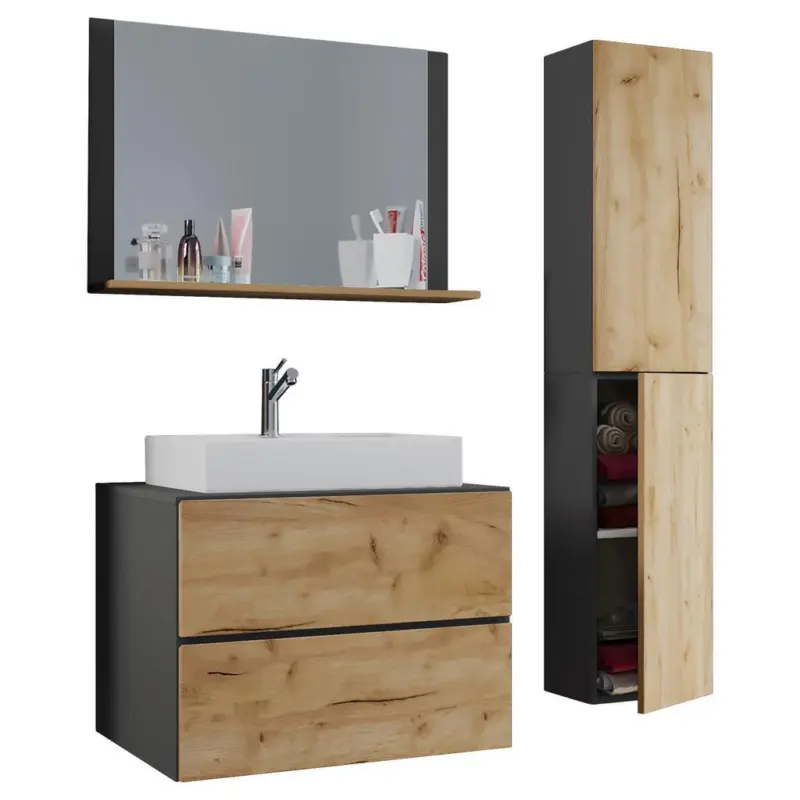 Badm&ouml;bel-Set 4--Teilig. Lendas B: 114cm Anthrazit/Eiche Dekor